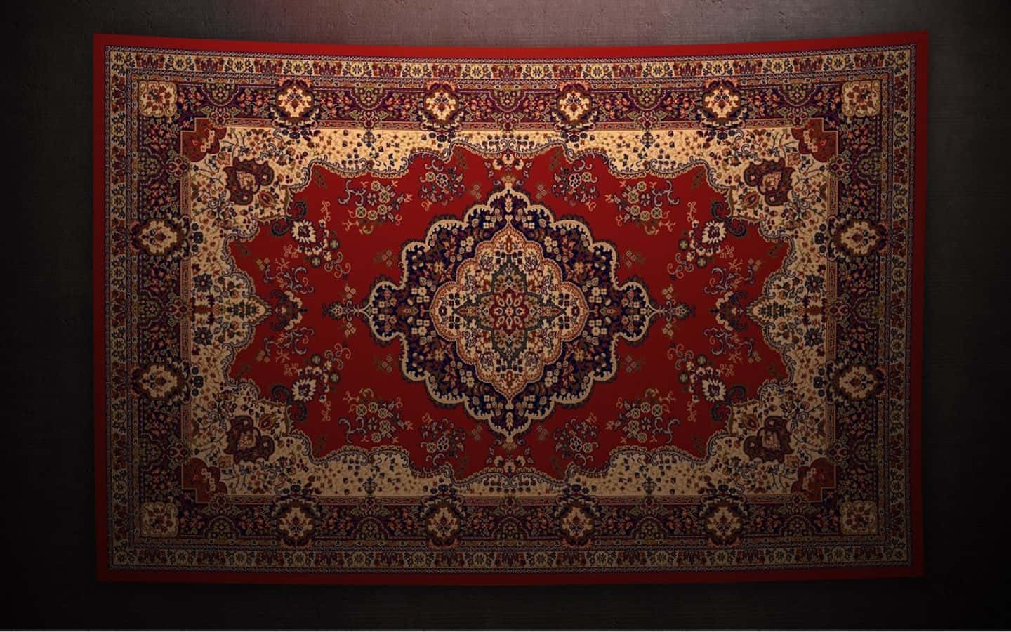 Carpet 桌布 壁紙 — 一張細節豐富的波斯地毯，中央有獎章圖案，並有深紅、金色和棕色的複雜花卉圖案，掛在深色紋理牆上。