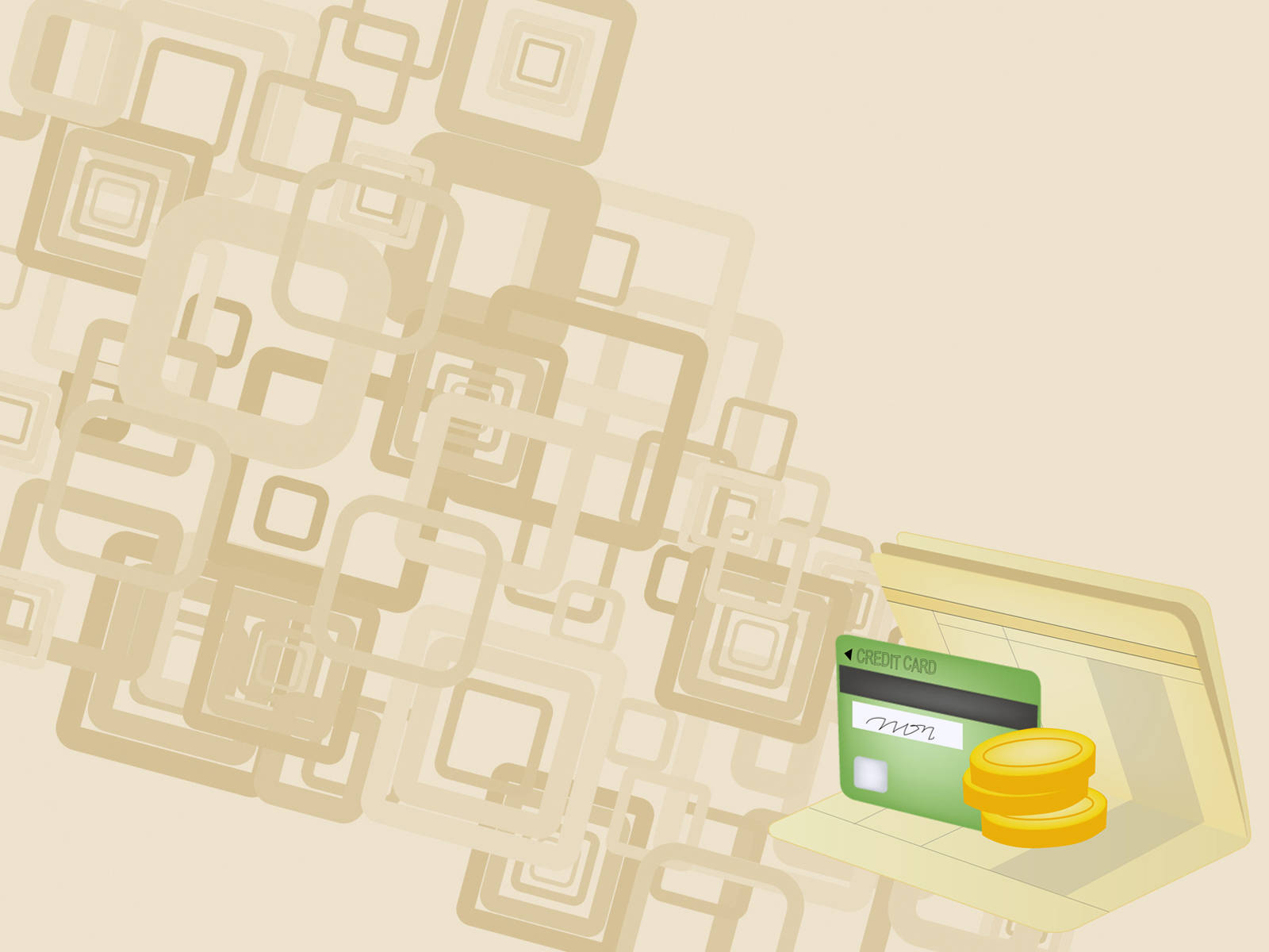 Credit Card 桌布 壁紙 — 一張綠色信用卡和金幣放在米色表面上，背景是層疊的方形圖案。