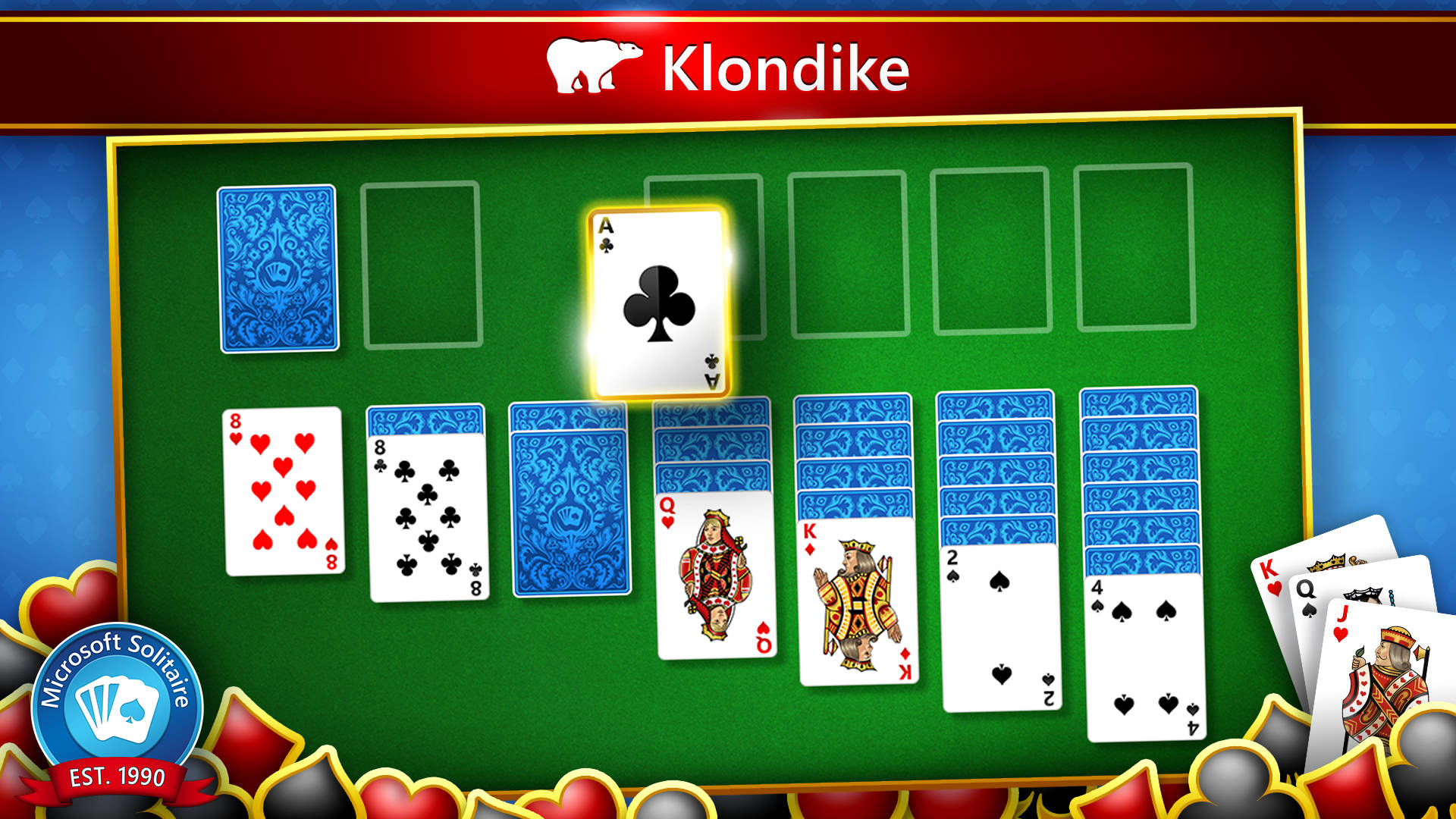 Microsoft Solitaire 克朗代克紙牌遊戲，紙牌排列在綠色桌子上。 — Microsoft 壁紙