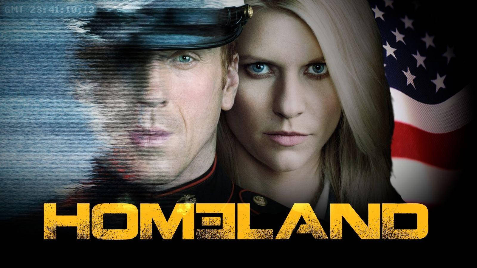 Entertainment 桌布 壁紙 — 一張緊張的 Homeland 宣傳海報，以一名士兵和一名擁有強烈藍色眼睛的女性為特色，背景是模糊的美國國旗。