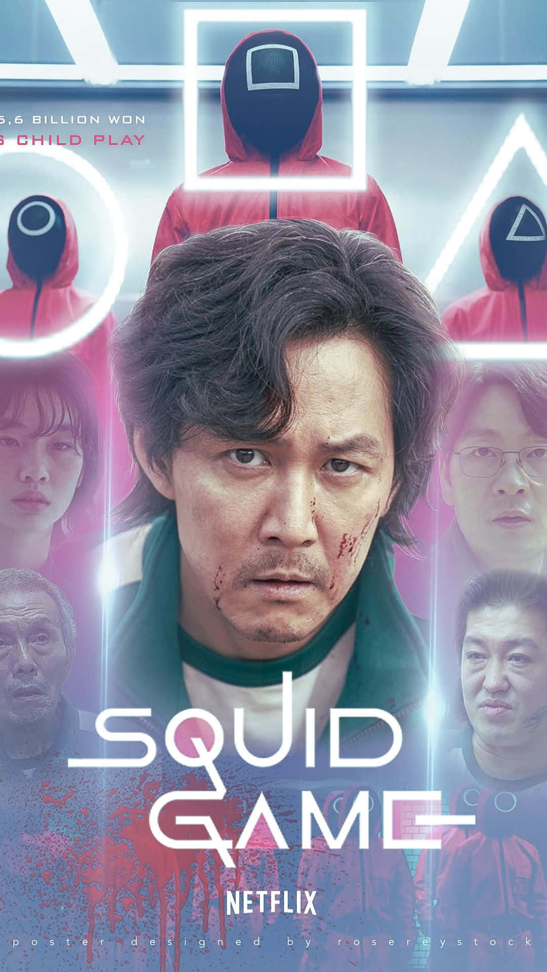 Squid Game iPhone 桌布 壁紙 — 一張緊張的魷魚遊戲海報，展示一名滿臉鮮血的男子，被身穿紅色制服的面具玩家包圍。