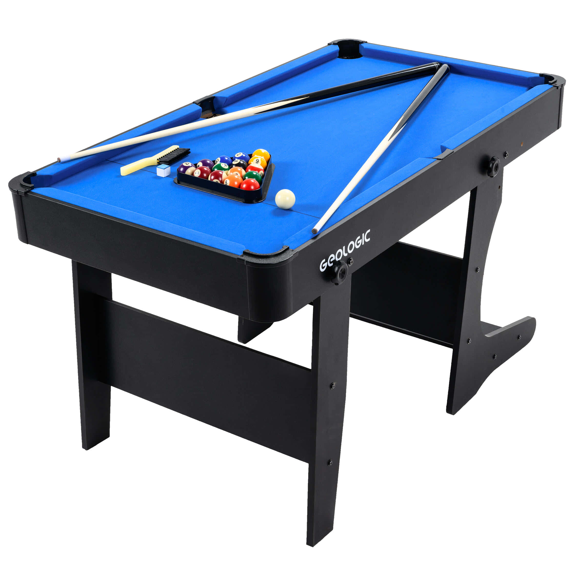 Pool Table 桌布 壁紙 — 一張緊湊的黑色撞球桌，配有鮮藍色絨布和排列好的球，準備好進行遊戲。