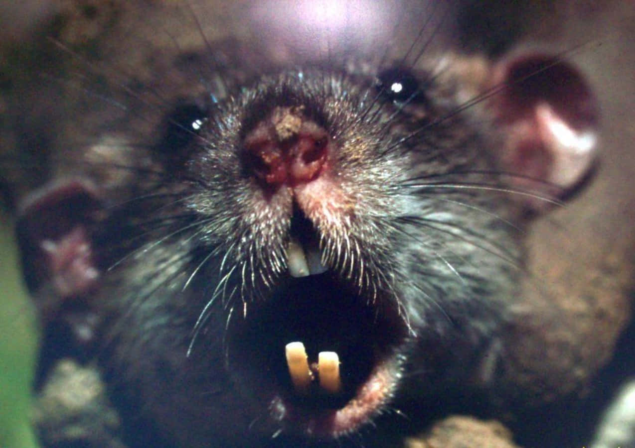Rat 桌布 壁紙 — 一張老鼠張大嘴巴的特寫照片，在昏暗燈光下露出鋒利的牙齒和鬍鬚。