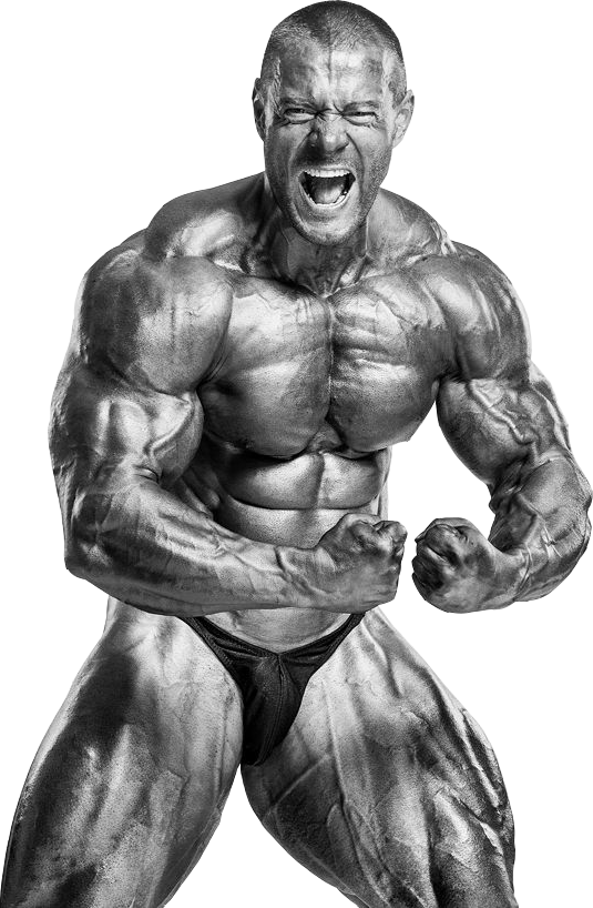 Fitness 桌布 壁紙 — 一張肌肉發達的健美運動員咆哮的黑白照片，表情強烈，手臂彎曲。