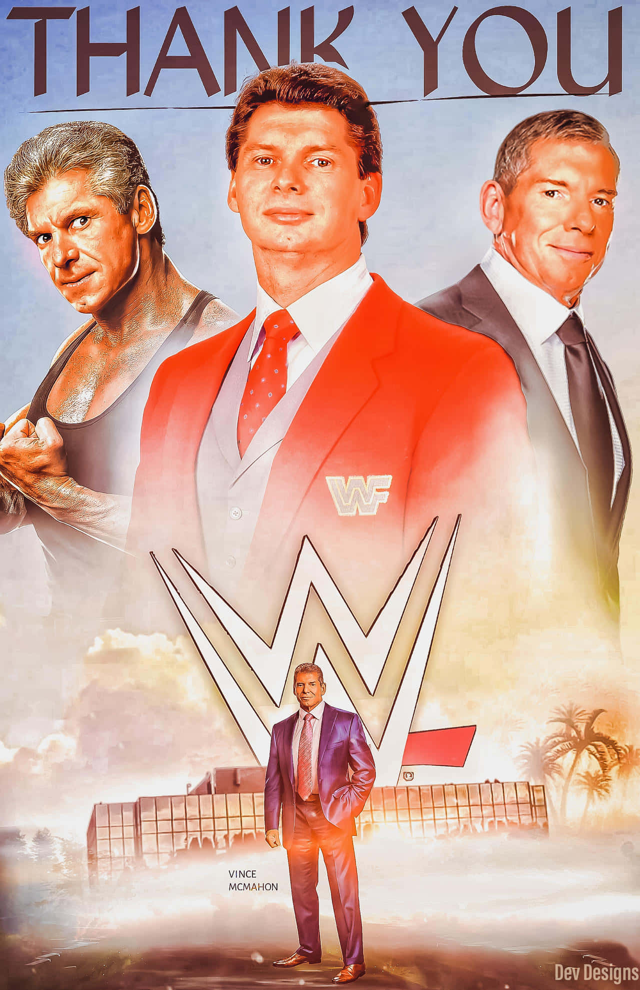 WWE 桌布 壁紙 — 一張致敬海報，以熱帶日落為背景，展示三位WWE傳奇人物和Vince McMahon，並帶有WWE標誌。