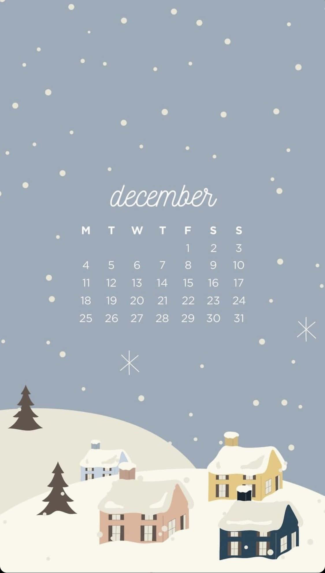 Cute December 桌布 壁紙 — 一張舒適的十二月日曆桌布，顯示了被雪覆蓋的房屋和松樹，在輕柔飄雪的天空下。