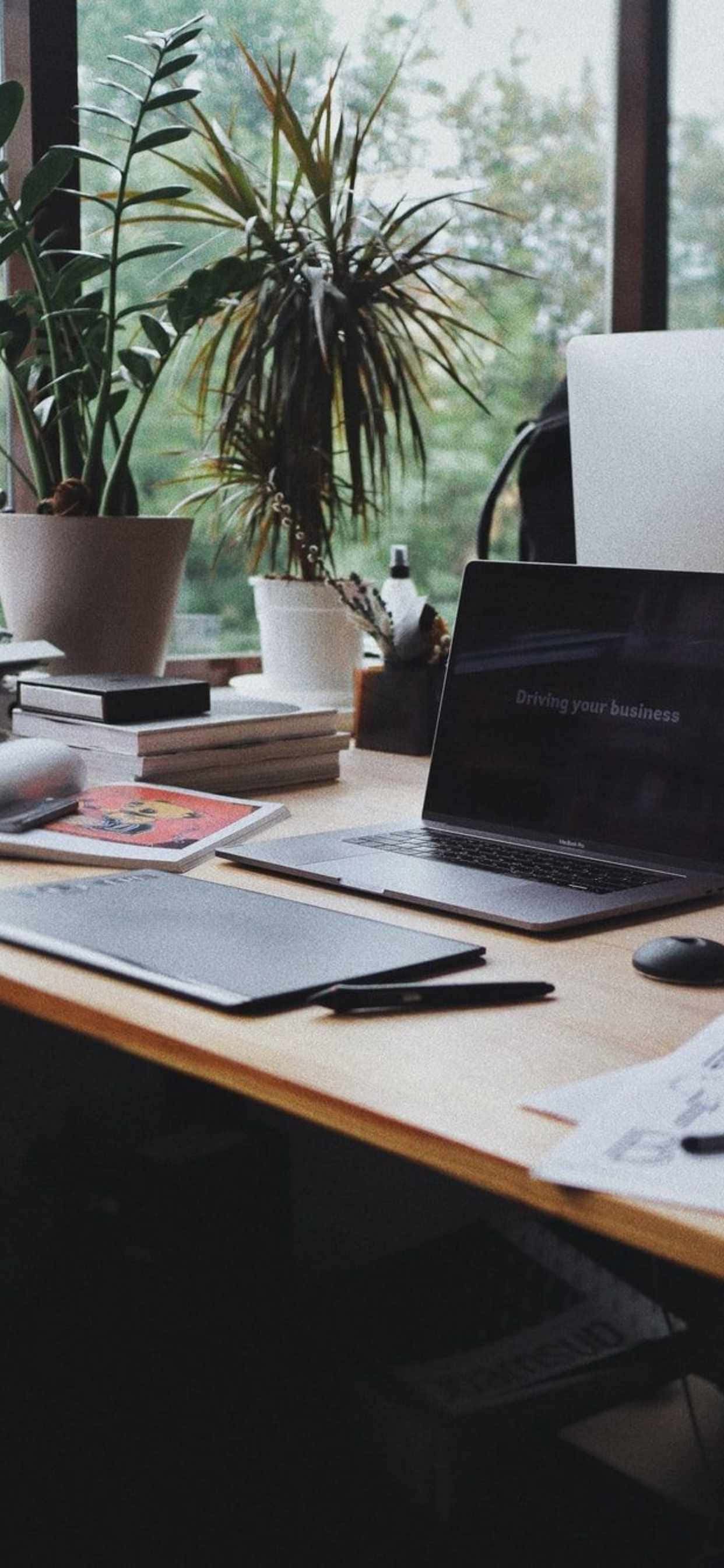 iPhone Xs Max Office 桌布 壁紙 — 一張舒適的家庭辦公室書桌，配有筆記型電腦、數位平板、書籍和茂盛的綠色植物，沐浴在大窗戶透進的柔和自然光中。