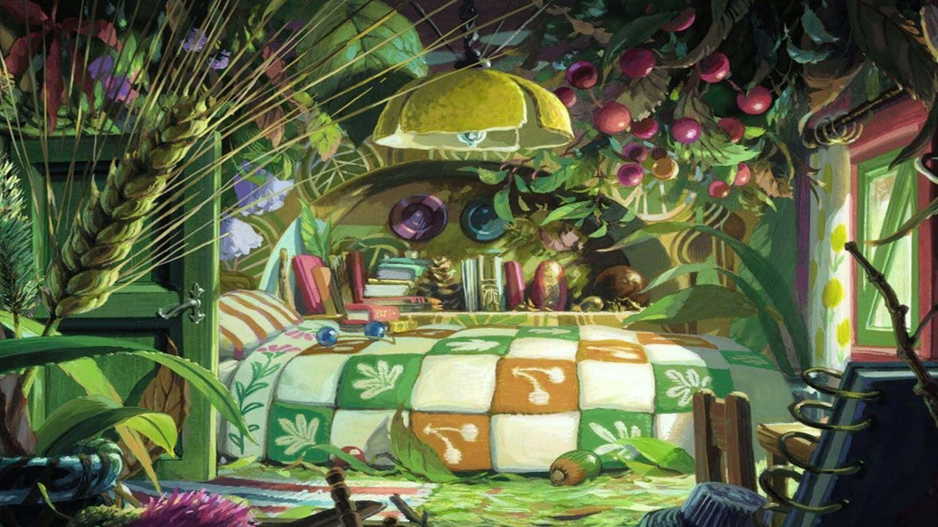 The Secret World Of Arrietty 桌布 壁紙 — 一張舒適的床，位於一個茂密生長的房間內，掛滿了水果藤蔓，一盞黃色燈散發出溫暖的光芒。