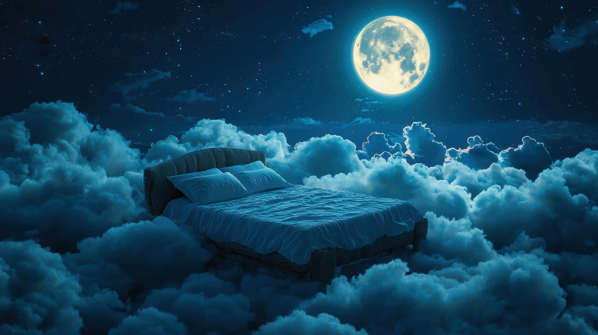 Dreamy Floating Bed in the Clouds Under Moonlight 壁紙 — 一張舒適的床漂浮在蓬鬆的雲朵上，下方是明亮的滿月，星空燦爛。