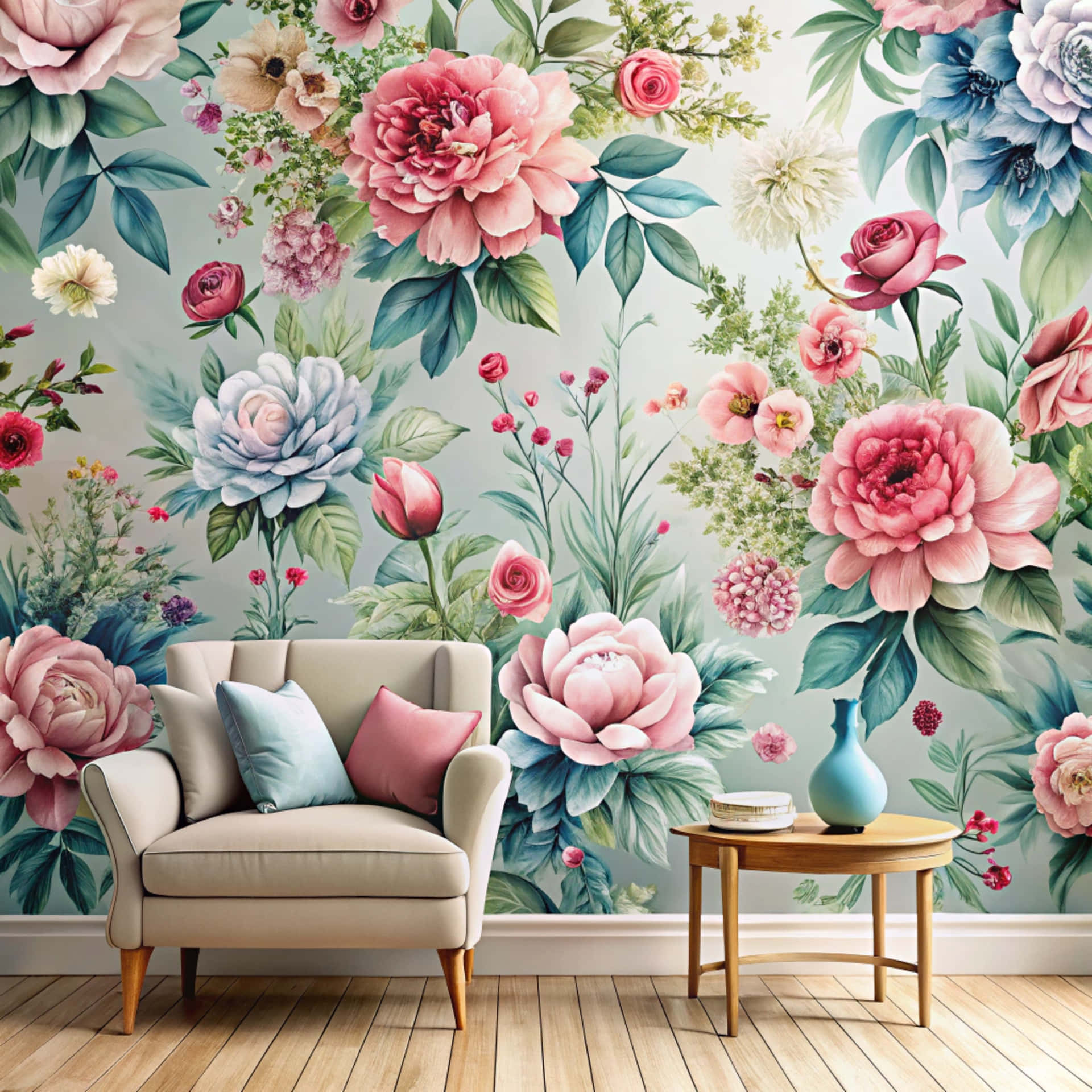 Wallpaper and flower arrangement 壁紙 — 一張舒適的扶手椅配有靠墊，位於充滿活力的花卉壁紙前，壁紙上有大朵粉紅色牡丹、藍色大麗花和茂盛的綠葉。