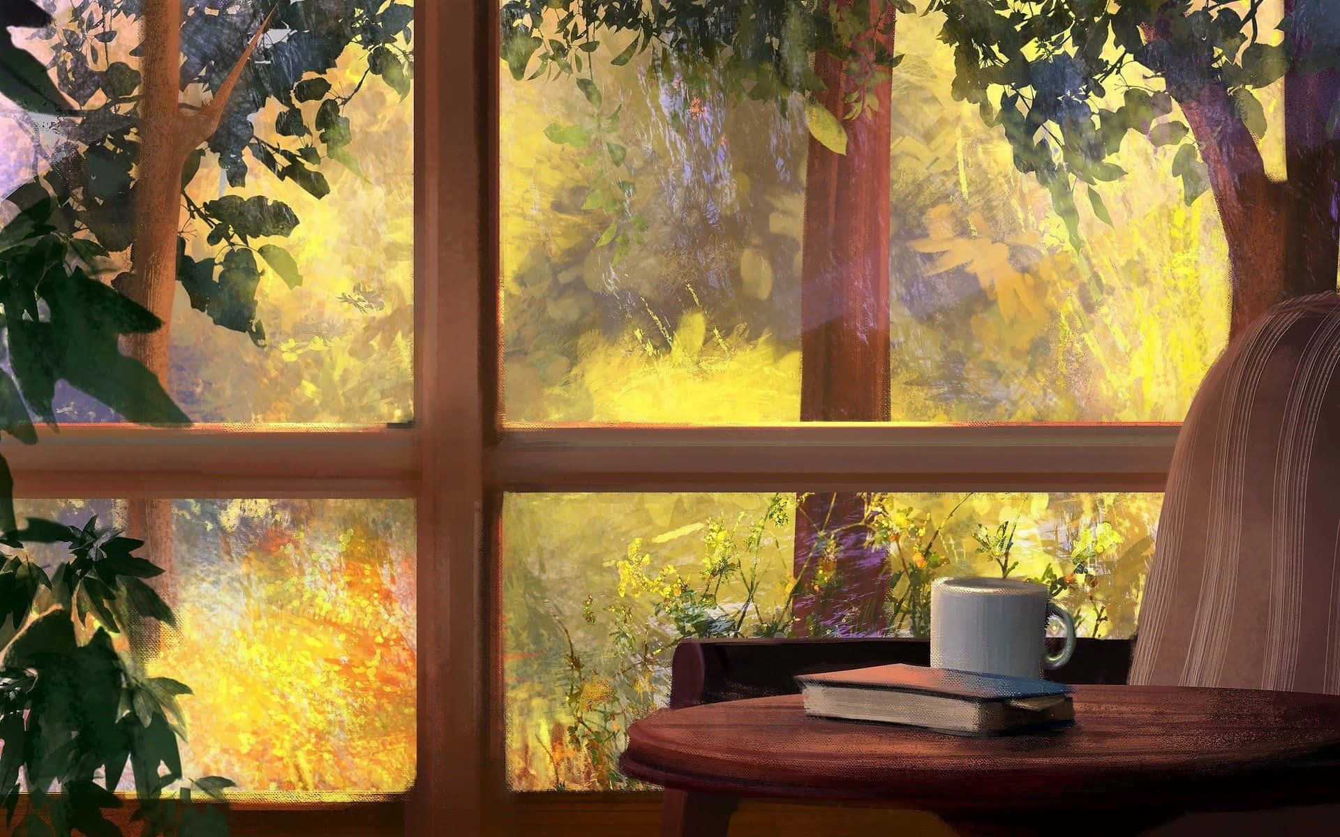 window 桌布 壁紙 — 一張舒適的木椅放在窗邊，窗外是陽光普照的森林，金色光線穿過樹葉灑落。