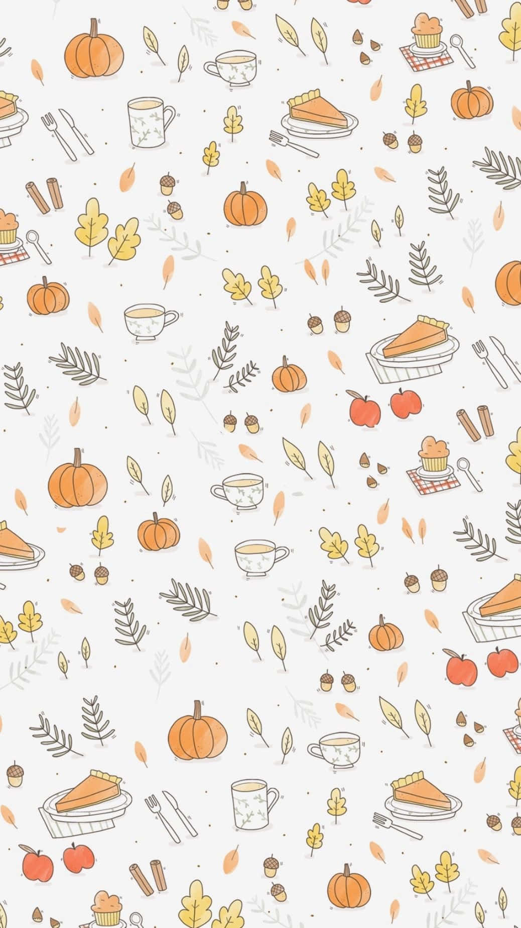 Cute Autumn iPhone 桌布 壁紙 — 一張舒適的秋季主題壁紙，在淺色背景上散落著南瓜、餡餅葉和橡子。