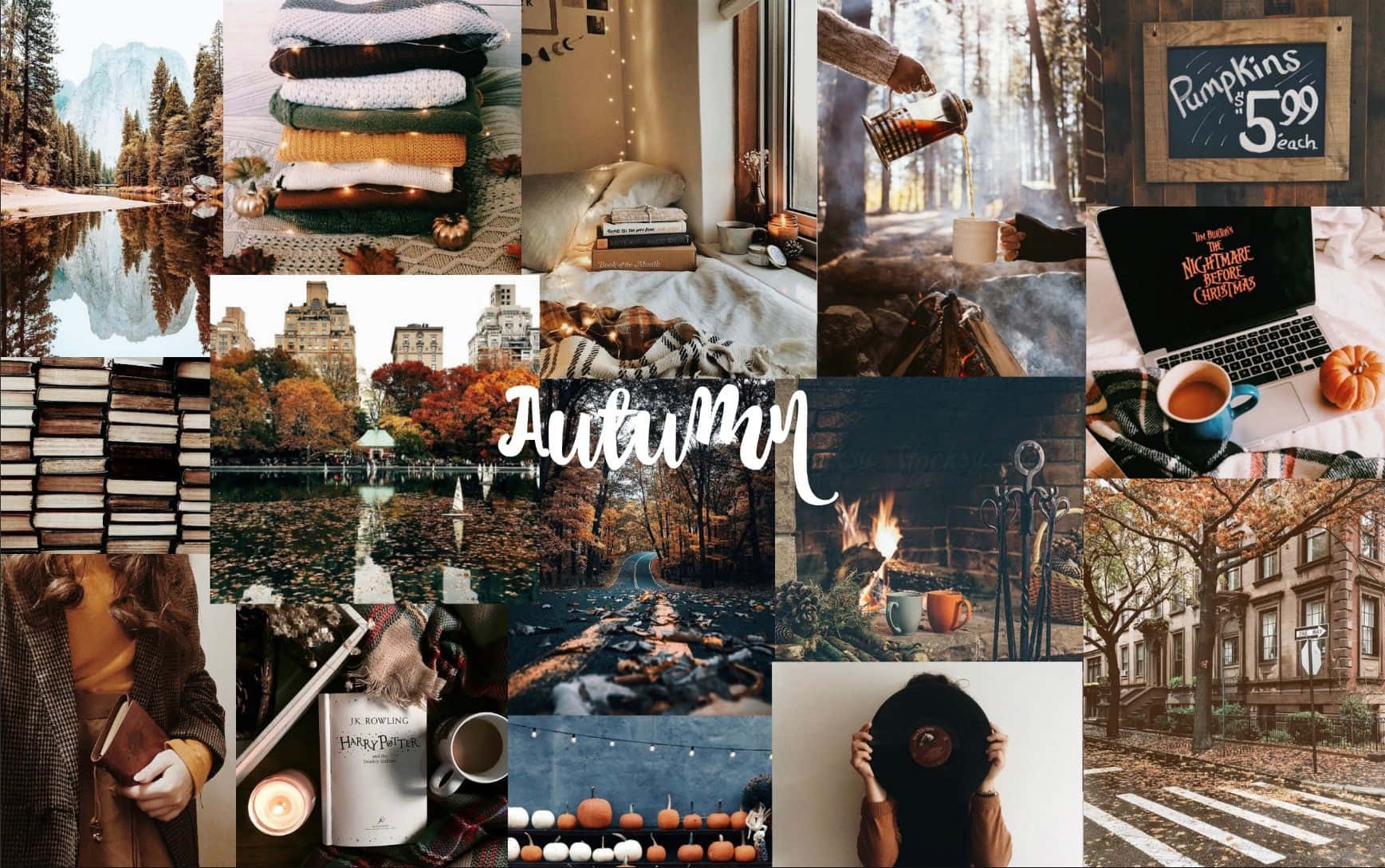 Winter Aesthetic Collage 桌布 壁紙 — 一張舒適的秋季拼貼畫，以南瓜、書籍、壁爐和秋葉為特色，採用溫暖的大地色調。