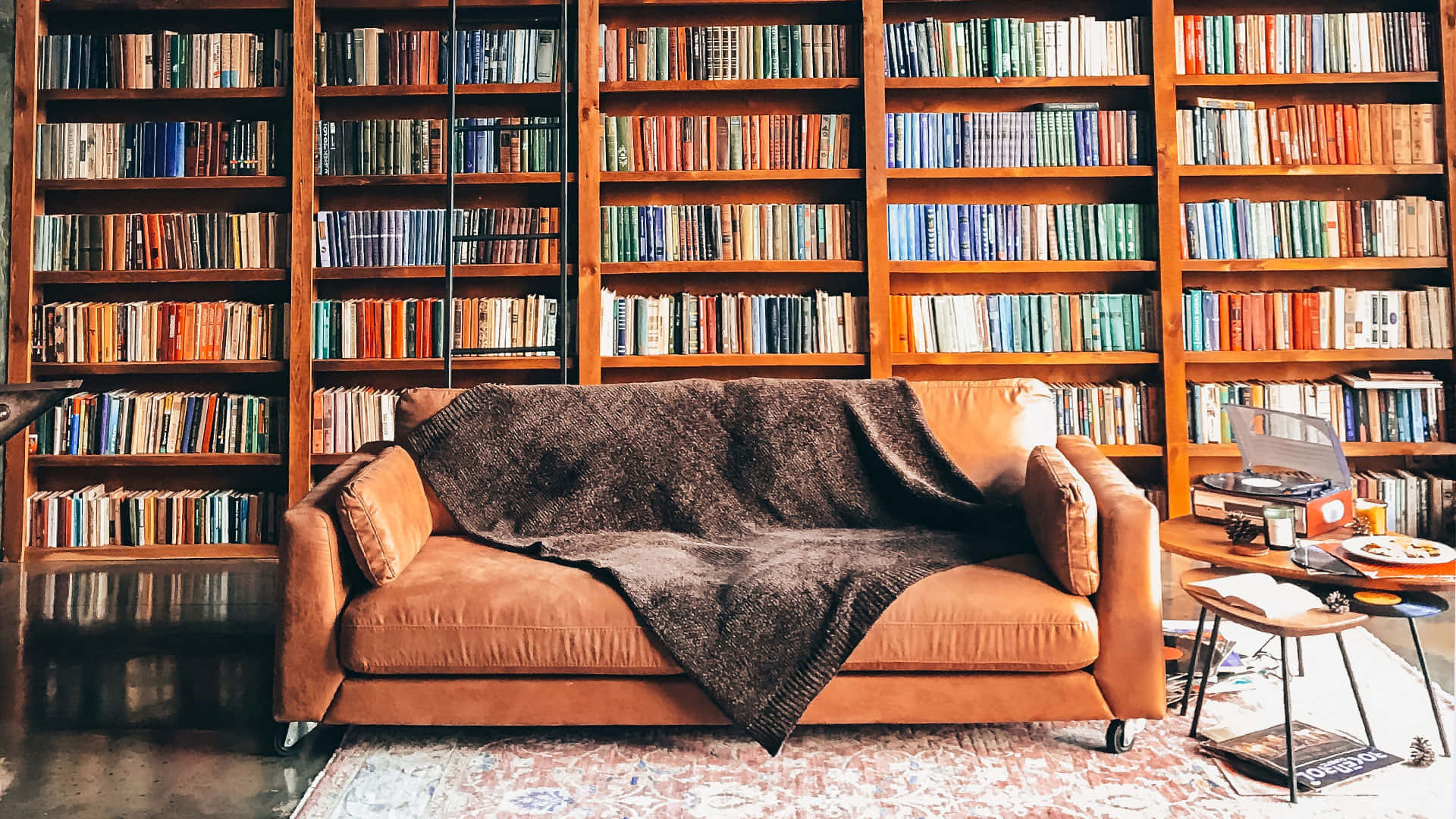 Bookshelf 桌布 壁紙 — 一張舒適的米色沙發上披著深色毯子，放在溫暖的圖書館裡，前面是裝滿彩色書籍的高大木書架。
