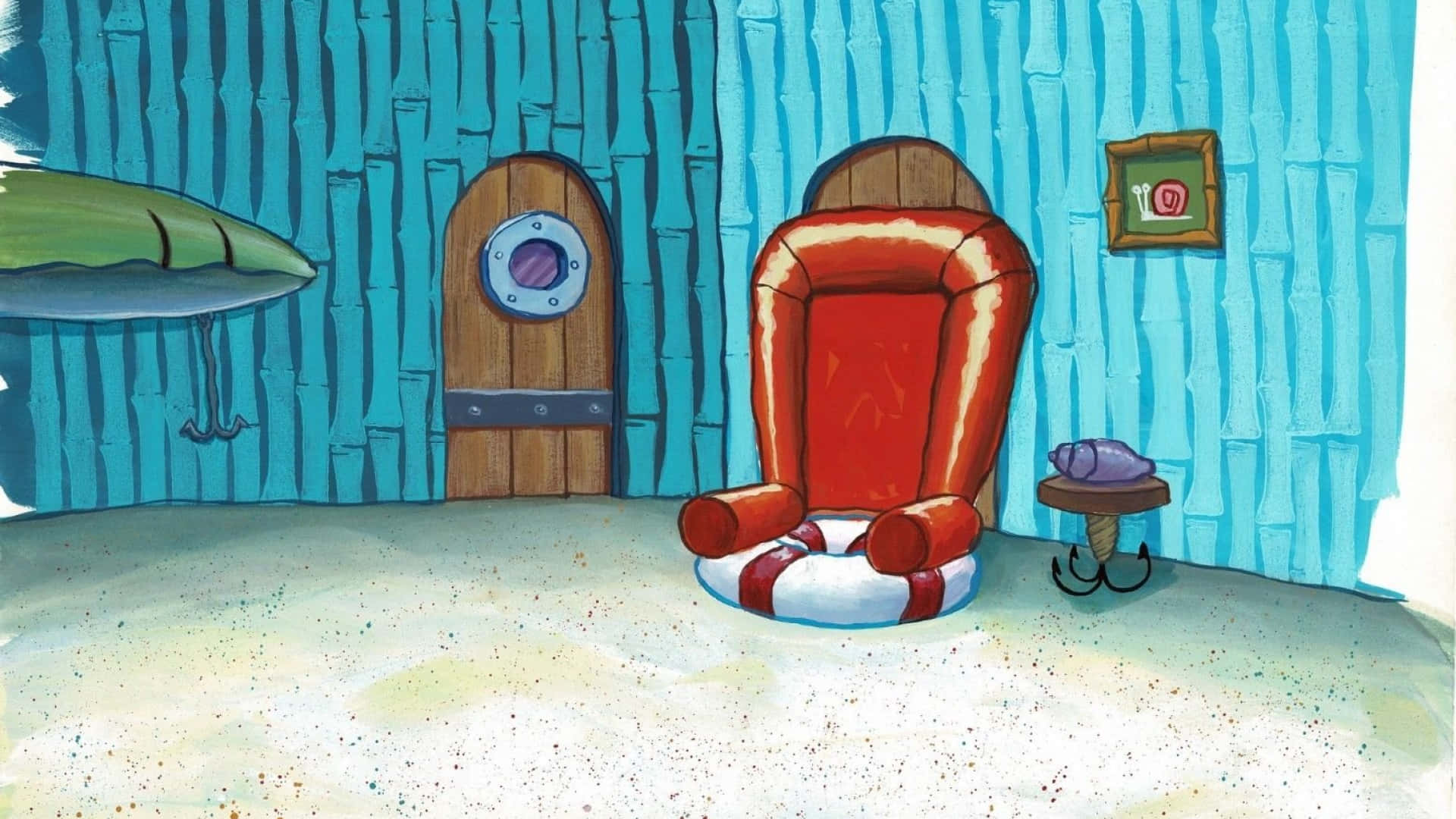 Spongebob Zoom 桌布 壁紙 — 一張舒適的紅色扶手椅放在陽光照射的水下房間，房間有藍色竹牆和舷窗門。