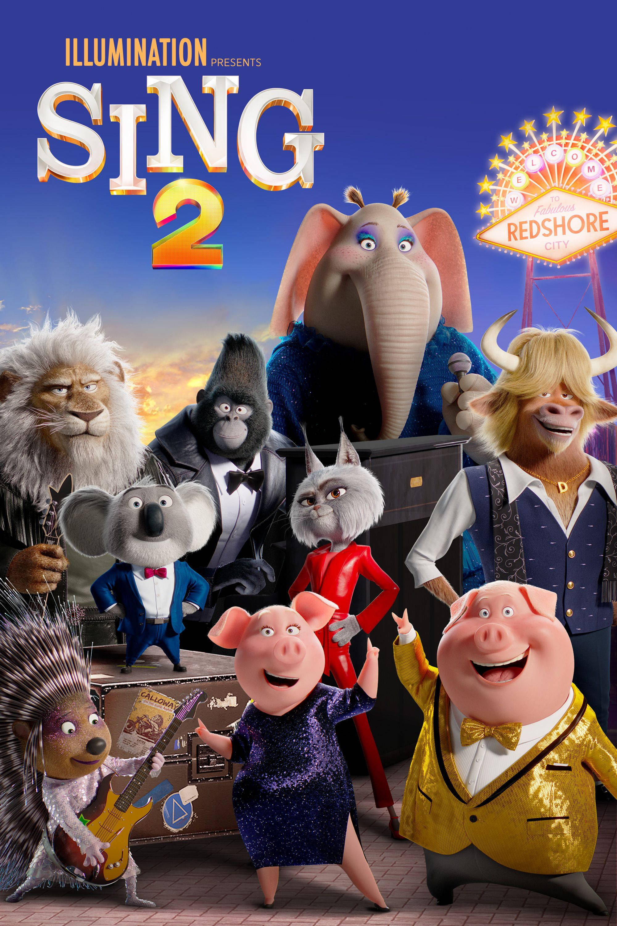 電影動圖 桌布 壁紙 — 一張色彩繽紛的《歡樂好聲音2》動畫電影海報，描繪了穿著燕尾服和舞台服裝的擬人化動物，背景是日落時分的城市天際線。