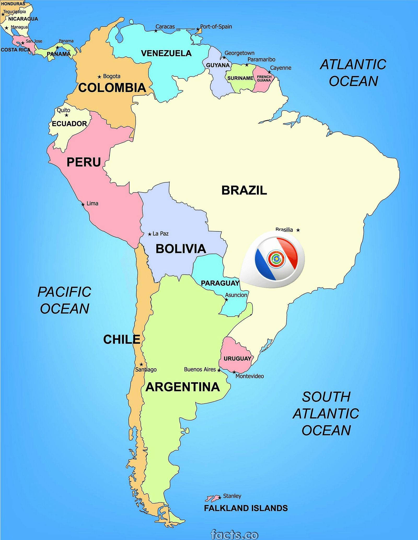 United States Map 桌布 壁紙 — 一張色彩繽紛的南美洲政治地圖，突出顯示國家及其首都和海洋標籤。