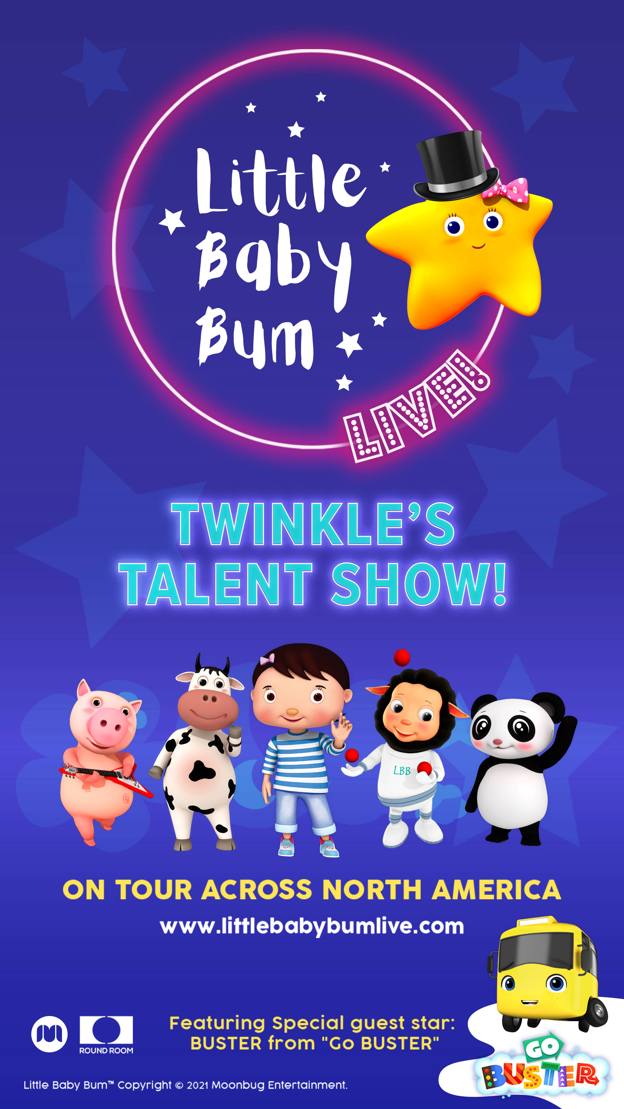 Stars 桌布 壁紙 — 一張色彩繽紛的卡通海報，為Little Baby Bum的現場才藝表演設計，以星空紫色背景襯托動畫動物和兒童角色。