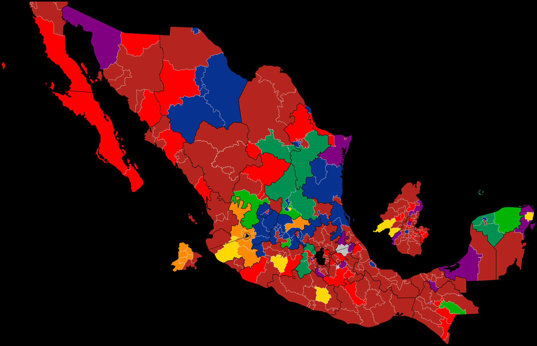 Mapa De Mexico 桌布 壁紙 — 一張色彩繽紛的墨西哥政治地圖，州份以紅色、藍色、綠色、黃色和紫色凸顯，背景為黑色。