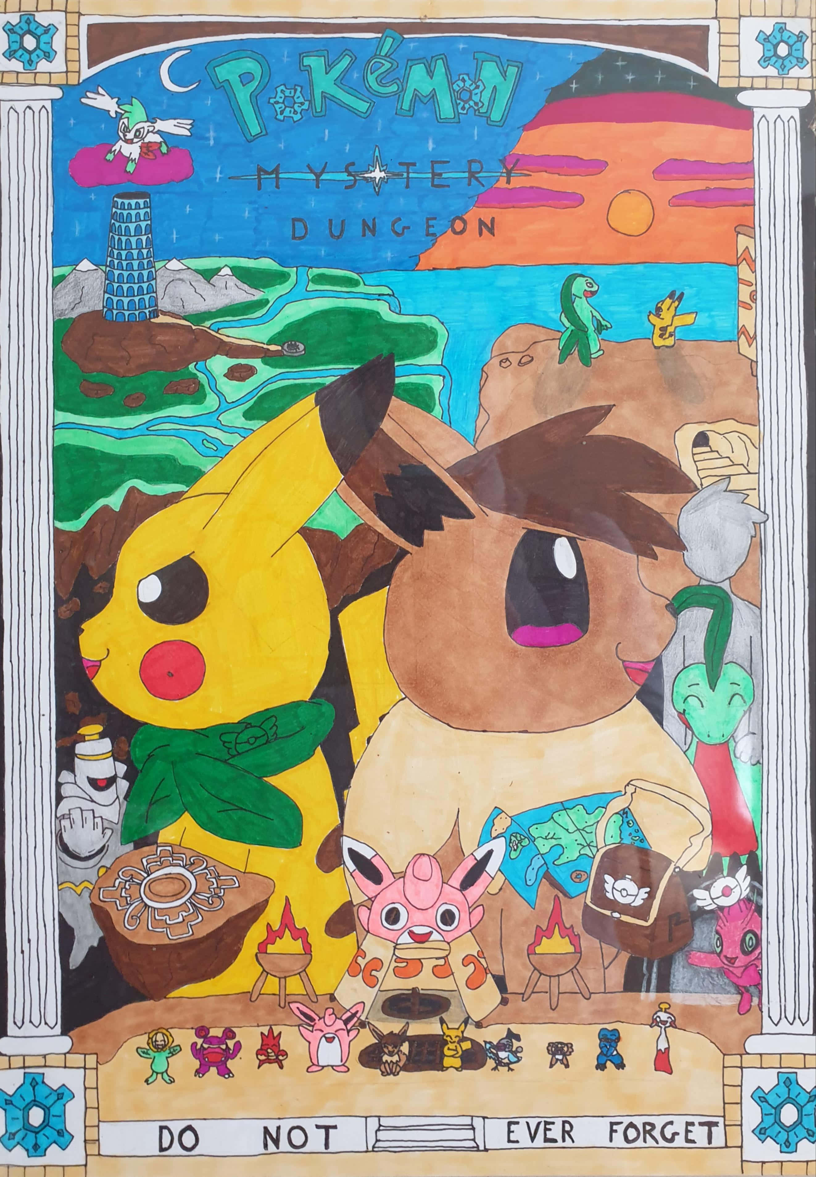 Pokemon Mystery Dungeon 桌布 壁紙 — 一張色彩繽紛的手繪 Pokémon Mystery Dungeon 海報，描繪了皮卡丘、伊布和其他寶可夢在充滿活力的奇幻場景中。