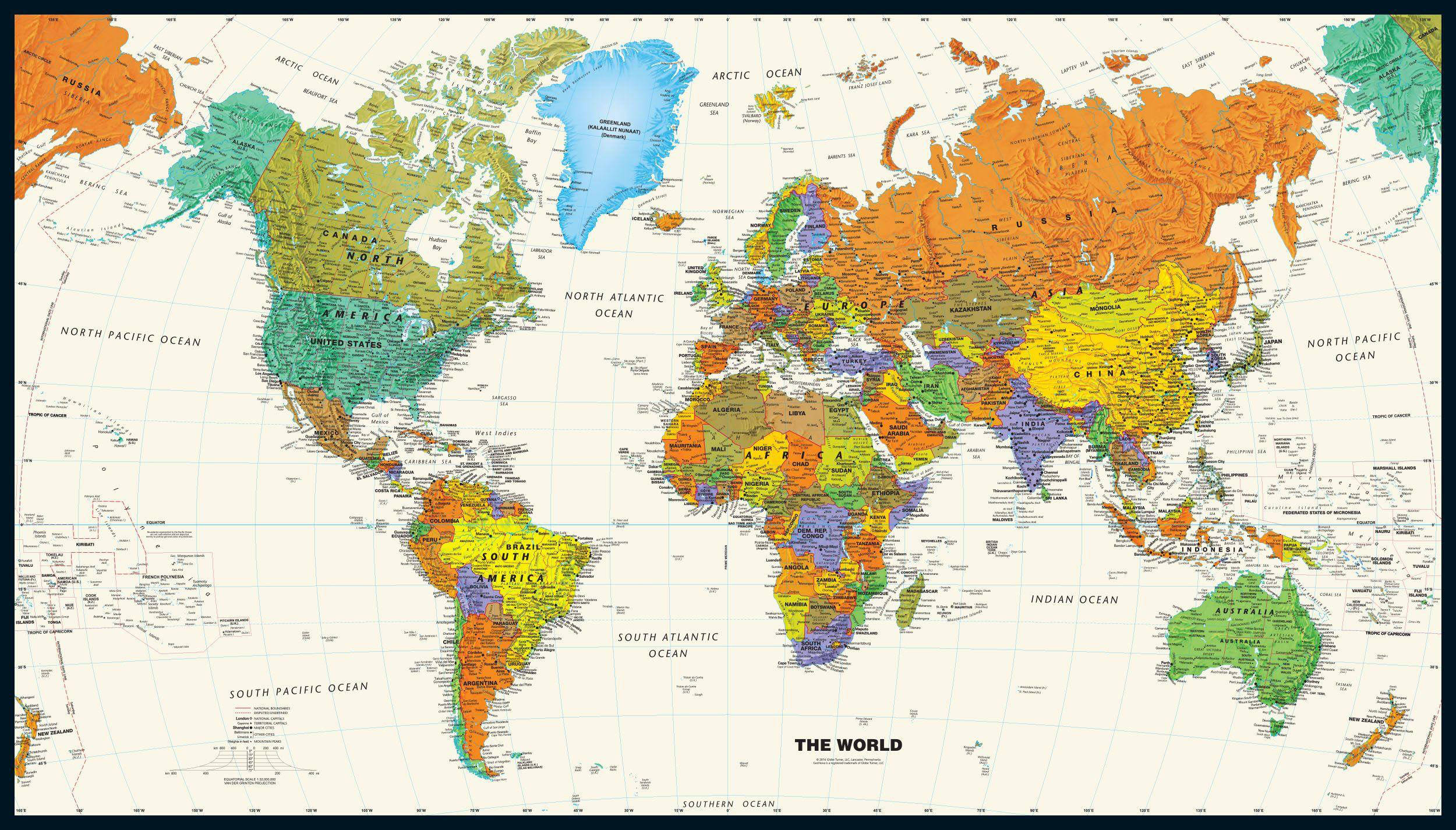 United States Map 桌布 壁紙 — 一張色彩繽紛的政治世界地圖，大陸標有標籤，海洋在奶油色背景上標記。