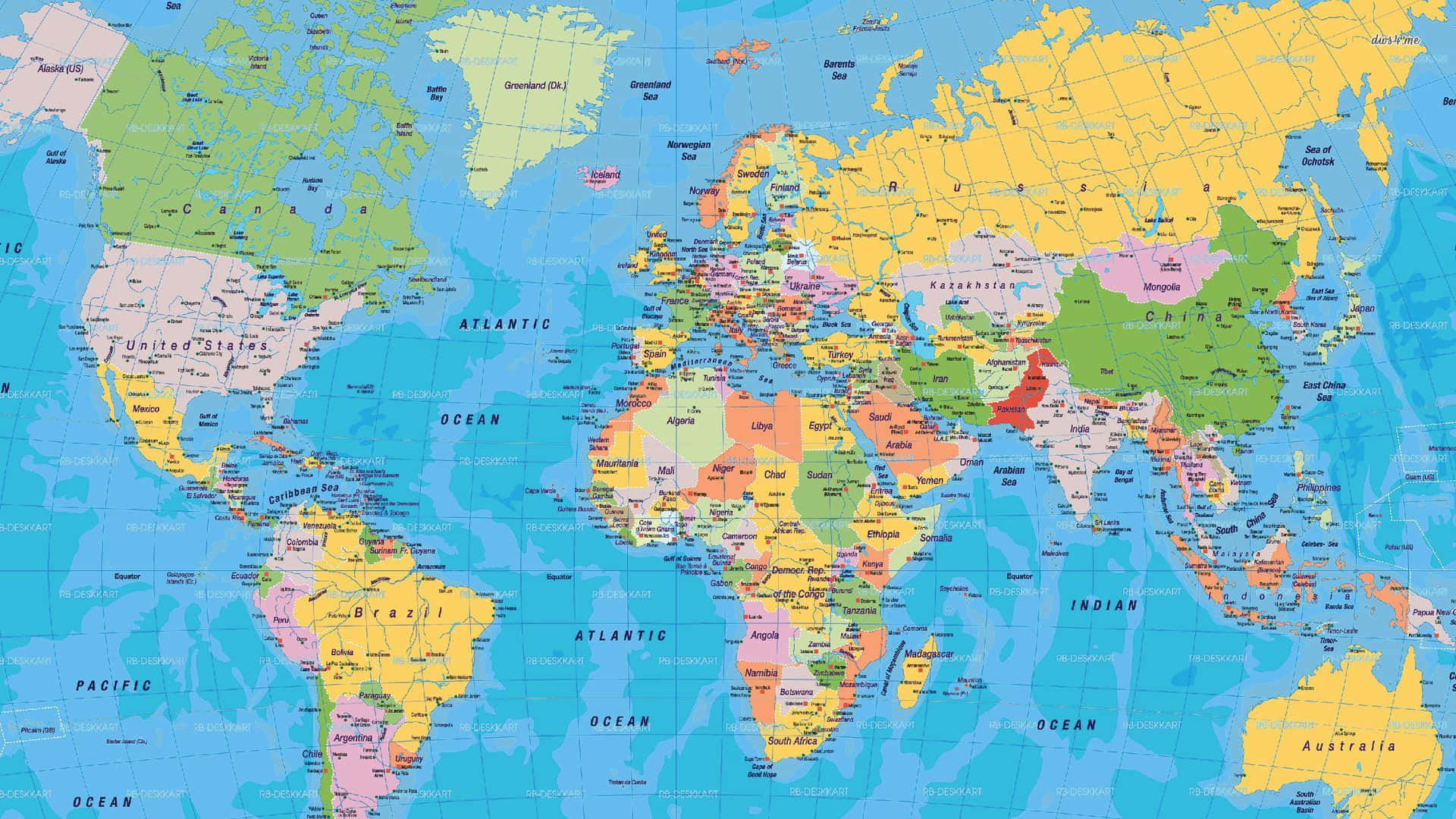 World Map Aesthetic 桌布 壁紙 — 一張色彩繽紛的政治世界地圖，標有國家、海洋和大洲，並覆蓋網格。