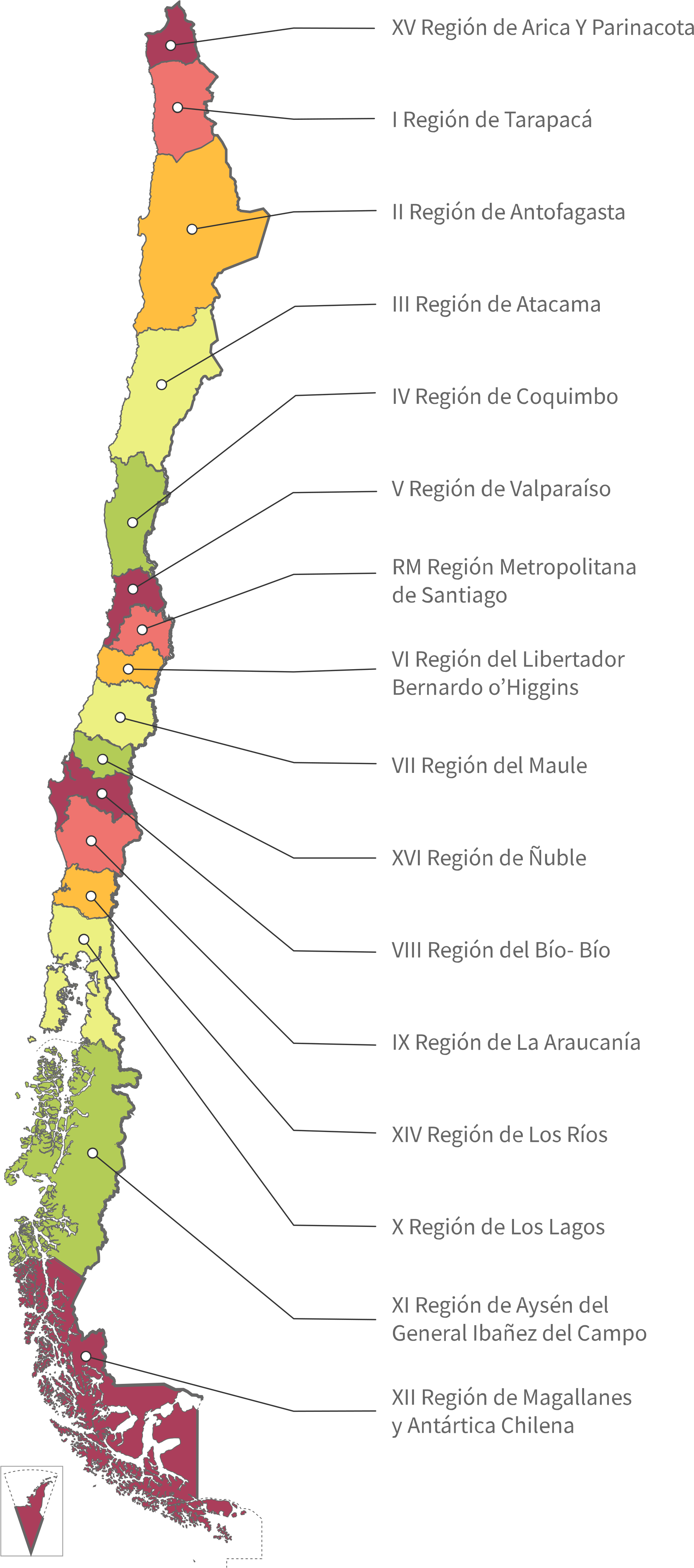 Chile 桌布 壁紙 — 一張色彩繽紛的智利政治地圖，顯示其16個地區，附有標籤和清晰的顏色編碼，背景為黑色。