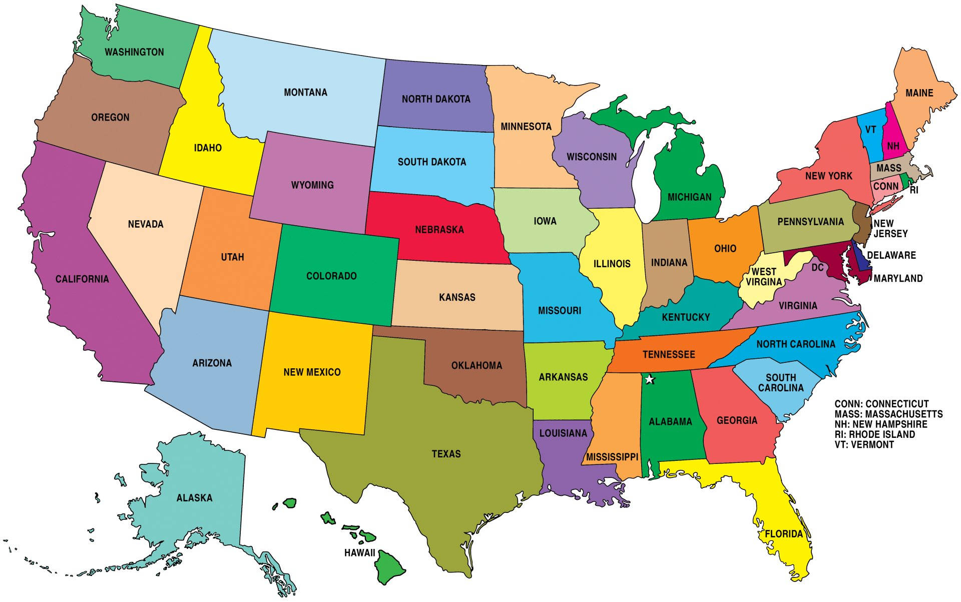 United States Map 桌布 壁紙 — 一張色彩繽紛的美國政治地圖，每個州都有獨特的顏色和標籤。