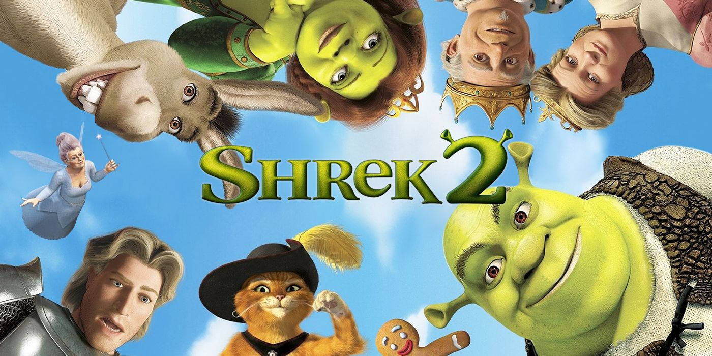 Shrek 2 桌布 壁紙 — 一張色彩鮮豔的《史瑞克2》電影海報，所有主要角色在明亮的藍天下漂浮。