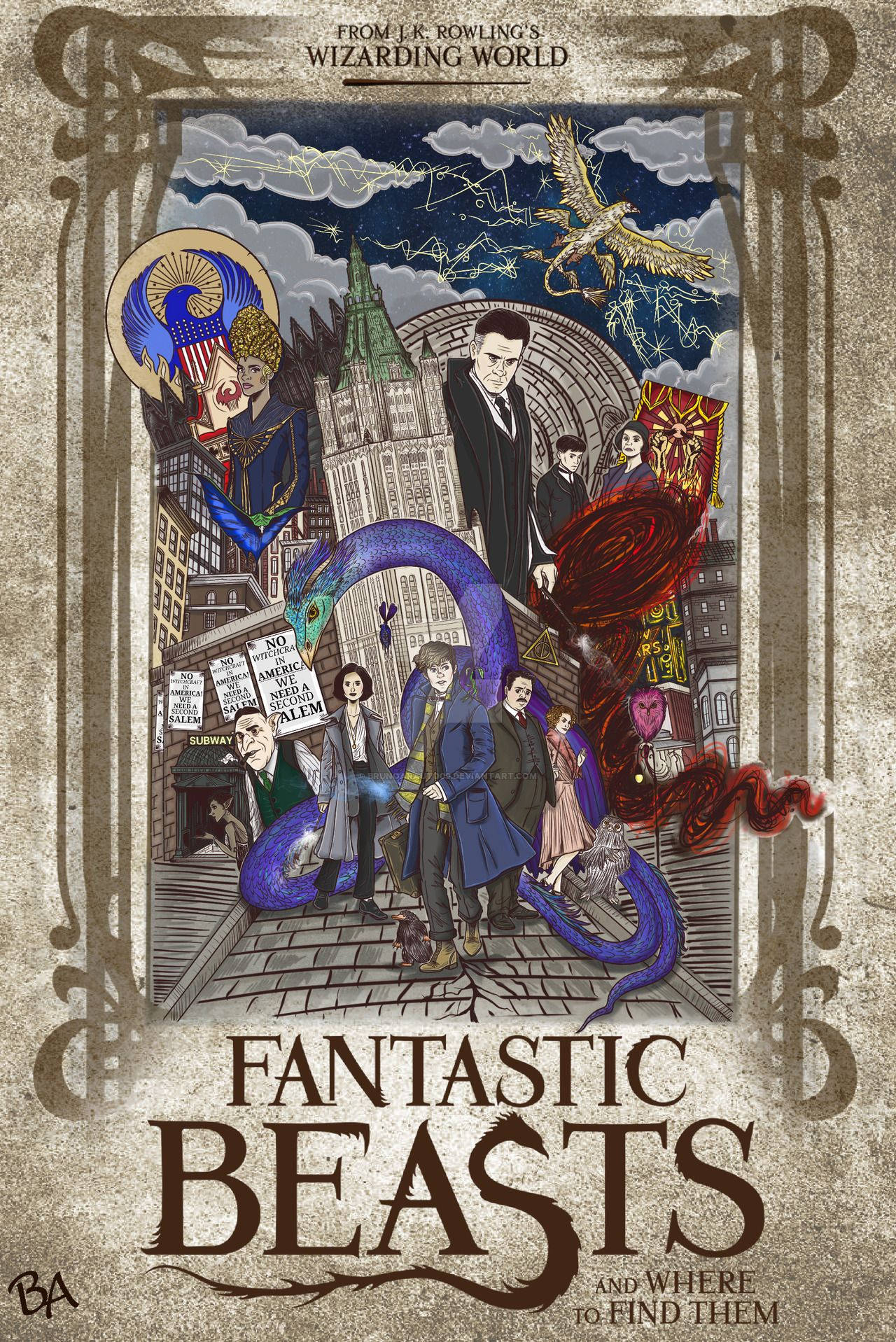 《怪獸與牠們的產地》插畫海報，城市中有巫師和魔法生物。 — 書本 GIF 壁紙