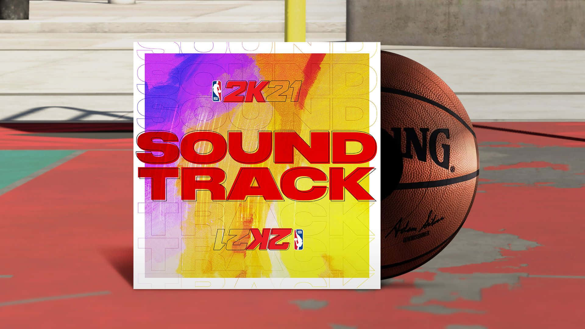 NBA 2k21 桌布 壁紙 — 一張色彩鮮豔的NBA 2K21原聲帶專輯封面放在一個風化的籃球場上，旁邊有一個Spalding籃球。