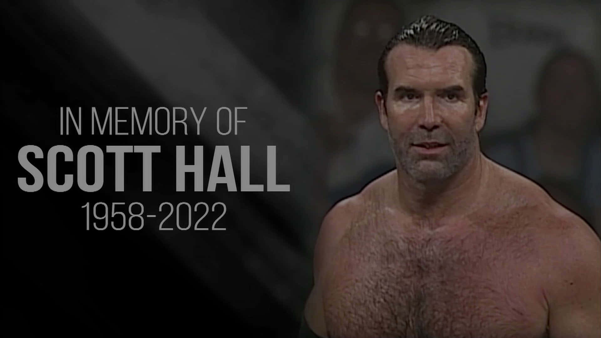 Athlete 桌布 壁紙 — 一張莊嚴的致敬肖像，描繪摔角手 Scott Hall，附有紀念他生平 1958-2022 的文字，背景為深色模糊。