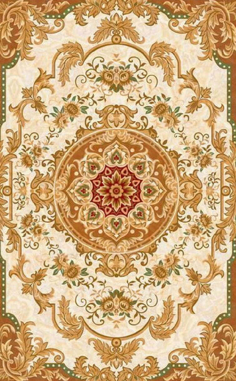 Carpet 桌布 壁紙 — 一張華麗復古地毯，中央有紅色花卉圖案獎章，周圍環繞著金色和綠色的捲曲葉片，背景為奶油色。
