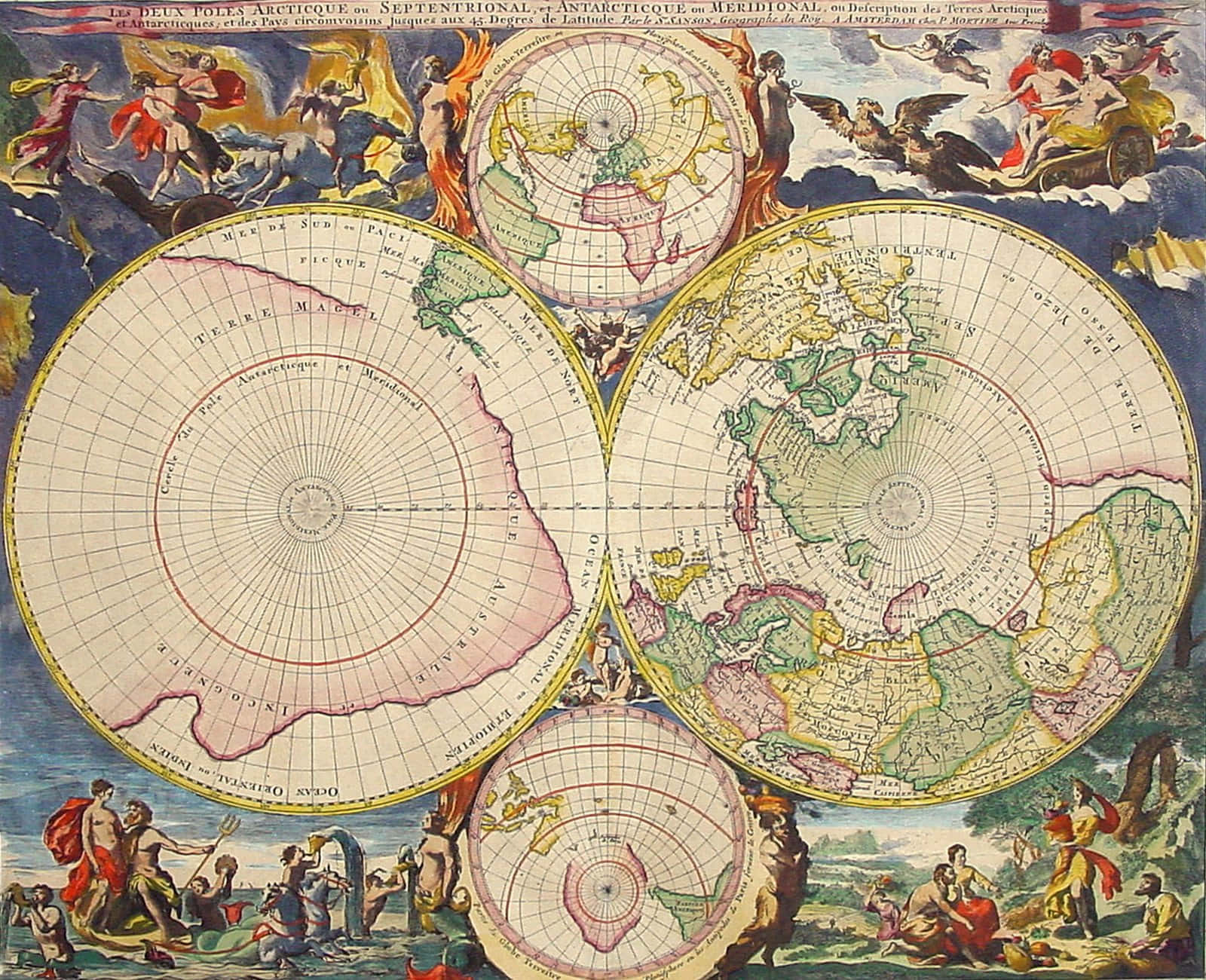 Map 桌布 壁紙 — 一張華麗的復古地圖展示了地球的極地地區，周圍環繞著神話人物和古典場景，圍繞著四個圓形地圖投影。