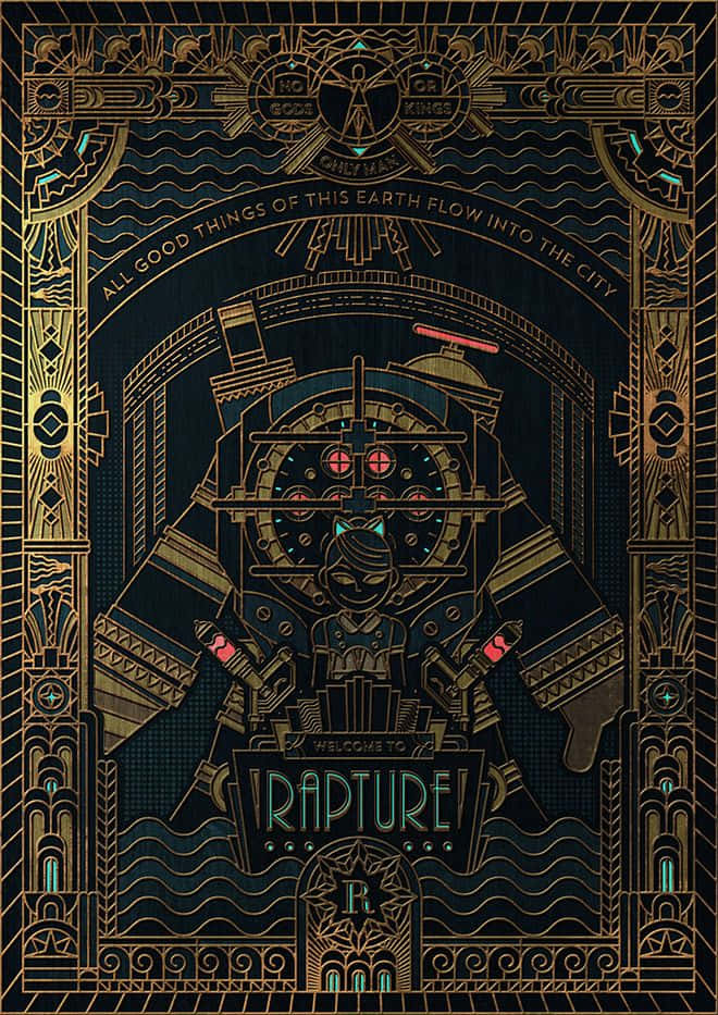 Gaming Art 桌布 壁紙 — 一張華麗的金色裝飾藝術風格 Rapture 海報，中央人物擁有發光的紅色眼睛和機械手臂，背景為深藍色。