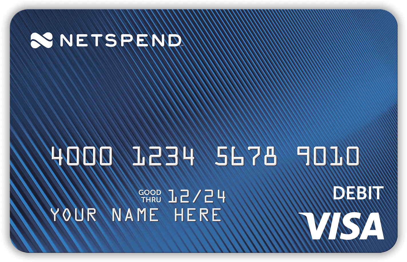 美國運通 桌布 壁紙 — 一張藍色 Netspend Visa 簽帳金融卡，帶有對角線條紋以及姓名和卡號的佔位文字。