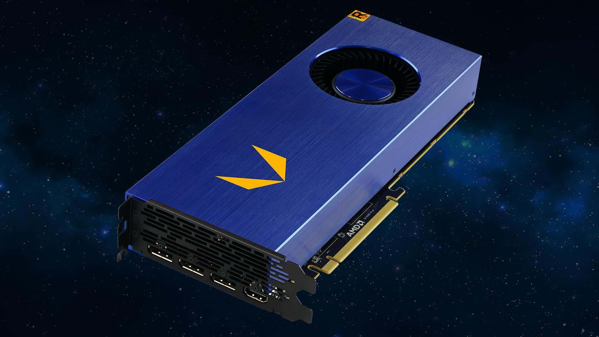 AMD 桌布 壁紙 — 一張藍色AMD顯示卡帶有黃色點綴，漂浮在星空宇宙背景上。