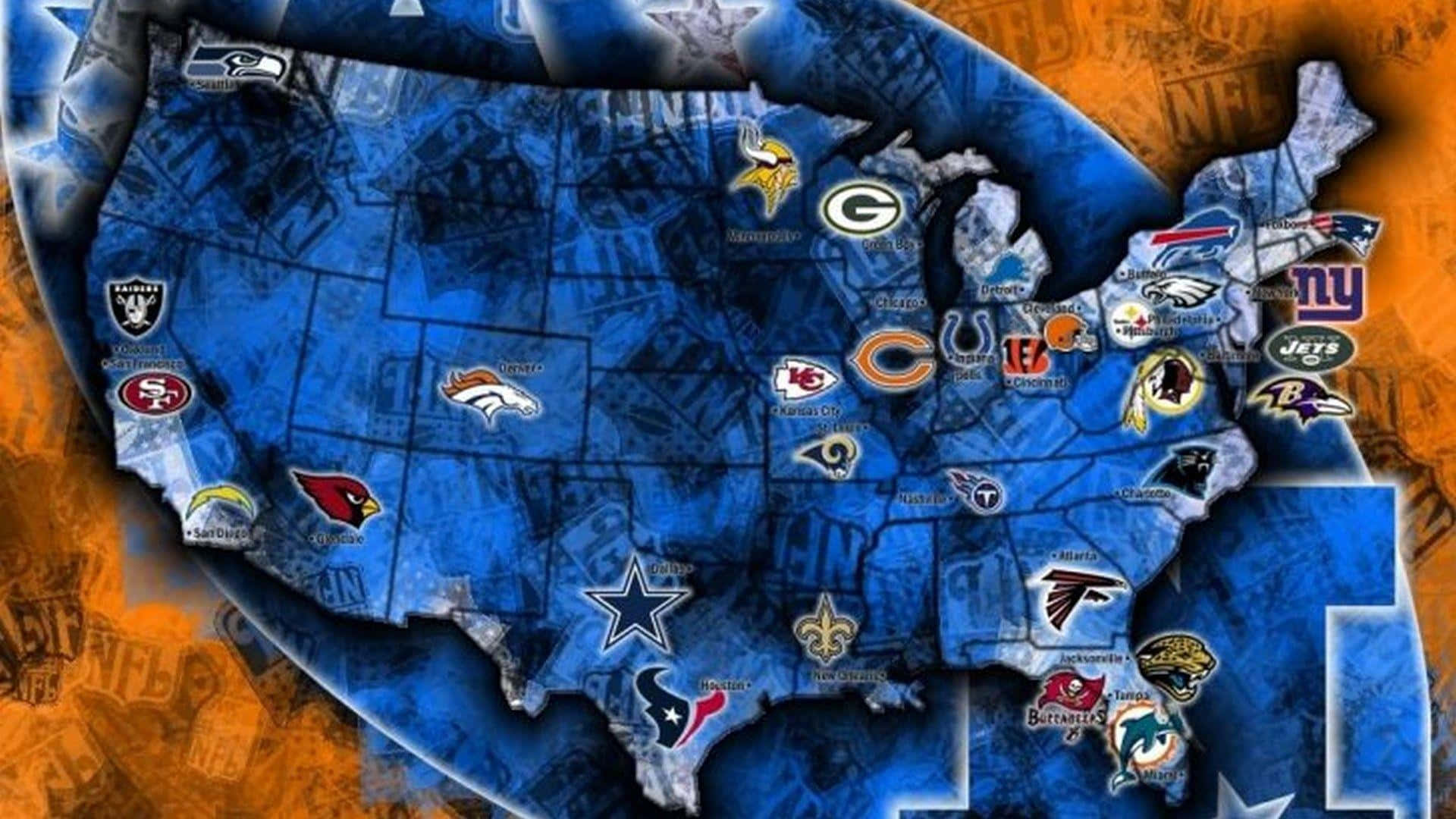 酷炫足球 桌布 壁紙 — 一張藍色紋理的美國地圖，NFL球隊標誌釘在其主場城市上，背景為橙色。