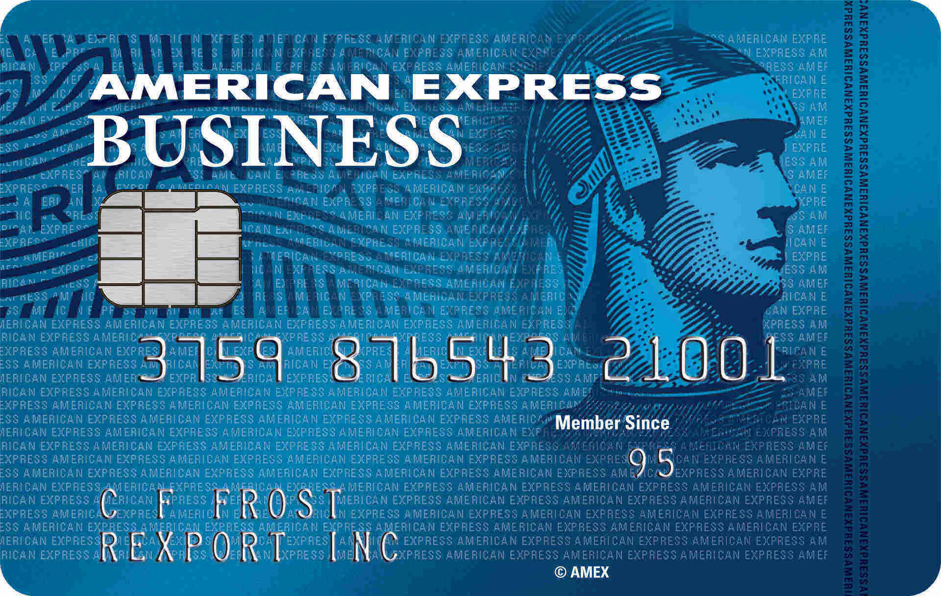 Credit Card 桌布 壁紙 — 一張藍色美國運通商業卡，帶有晶片卡號碼、自95年起成為會員及重複標誌圖案。