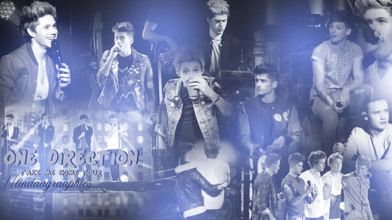 One Direction Laptop 桌布 壁紙 — 一張藍色調的One Direction拼貼畫，展示他們在Take Me Home巡迴演唱會中表演和擺姿勢，配有舞台燈光和麥克風。