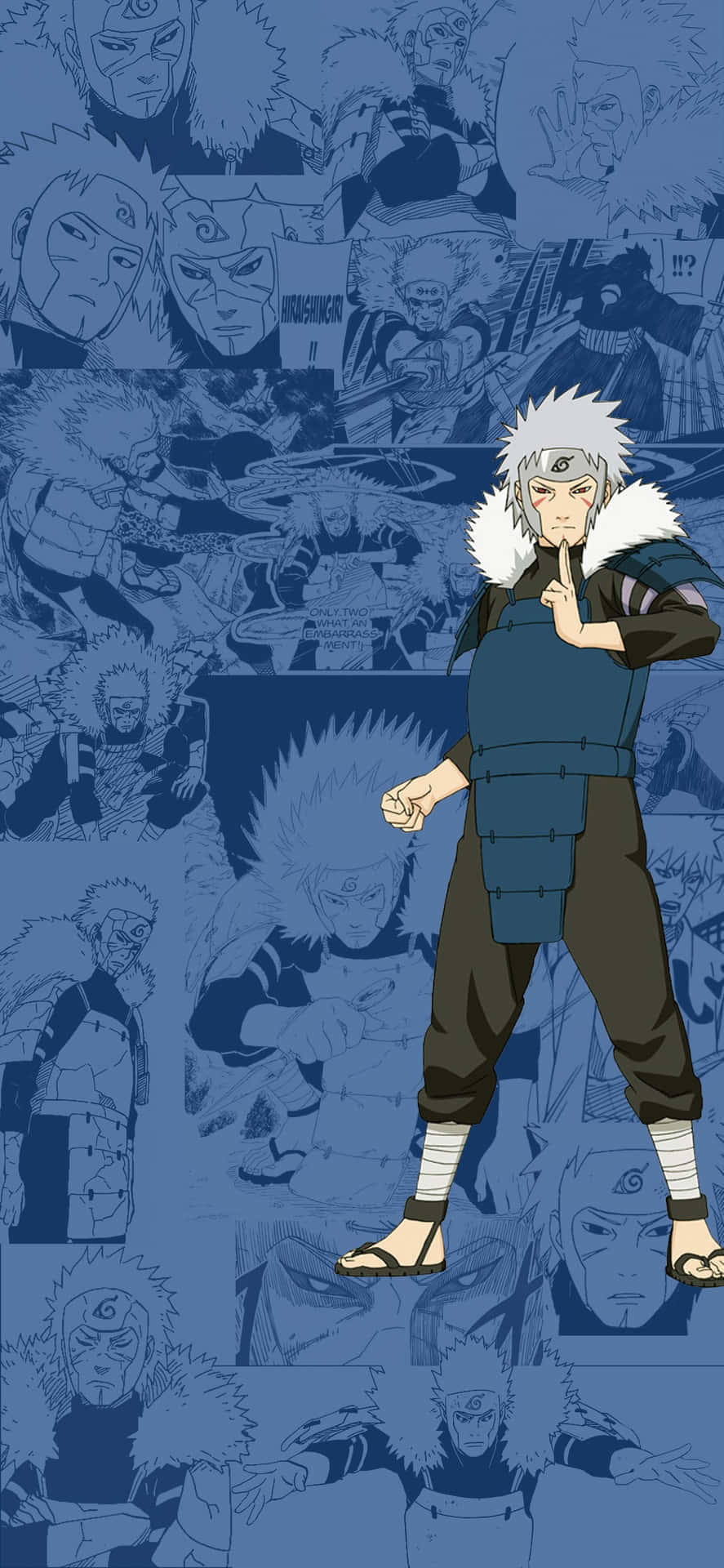 tobirama senju 桌布 壁紙 — 一張藍色調的動漫桌布，中央有一個白髮、穿著毛皮襯裡斗篷的忍者角色，周圍環繞著他各種表情和姿勢的漫畫面板。