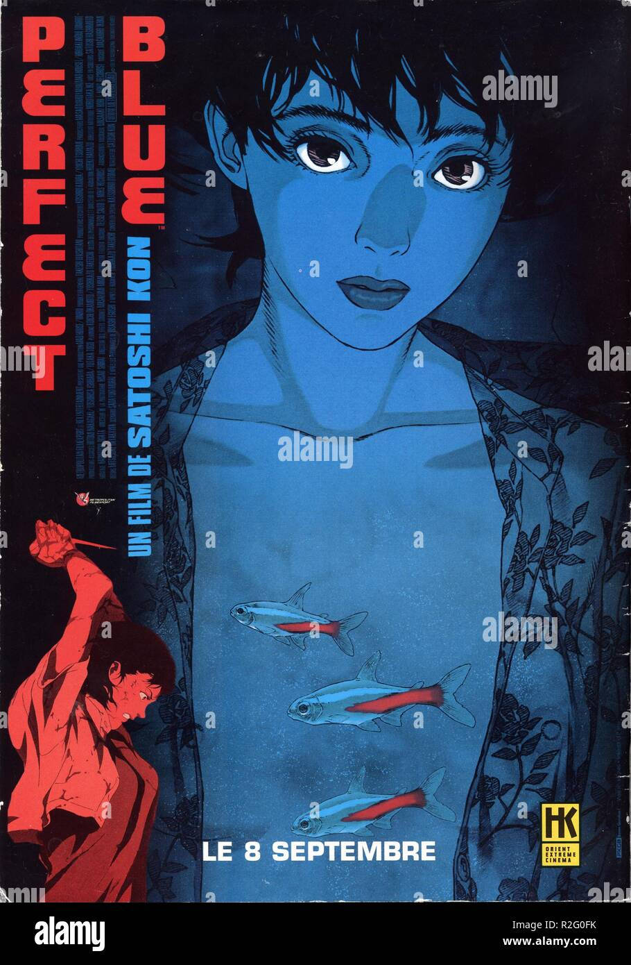 satoshi kon 桌布 壁紙 — 一張藍色調的動畫海報，描繪一位年輕女性，軀幹中有魚游動，下方有一個身穿紅色衣服的人物。