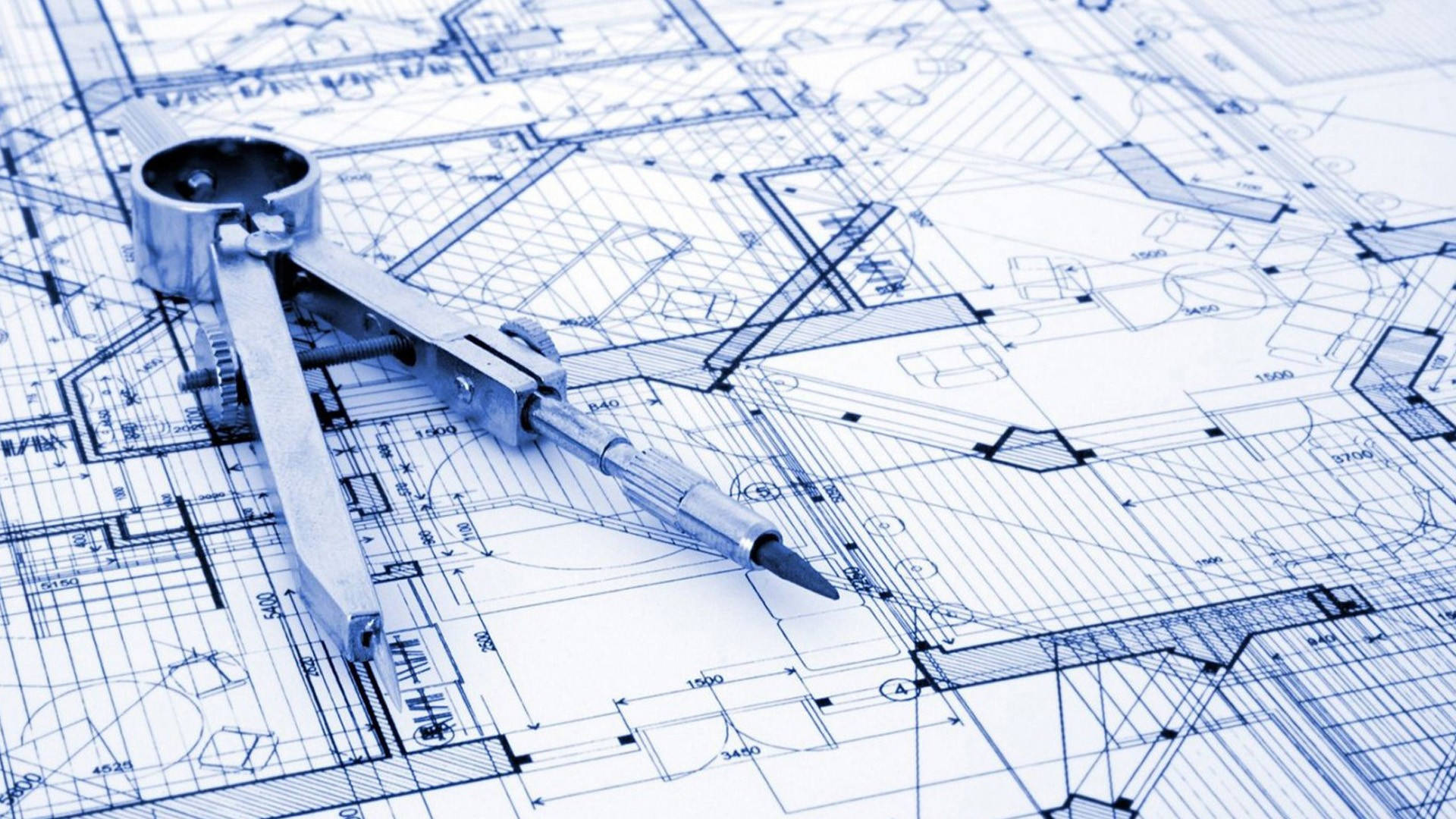 帶有繪圖工具的建築藍圖，用於設計和施工。 — 極簡桌面 壁紙