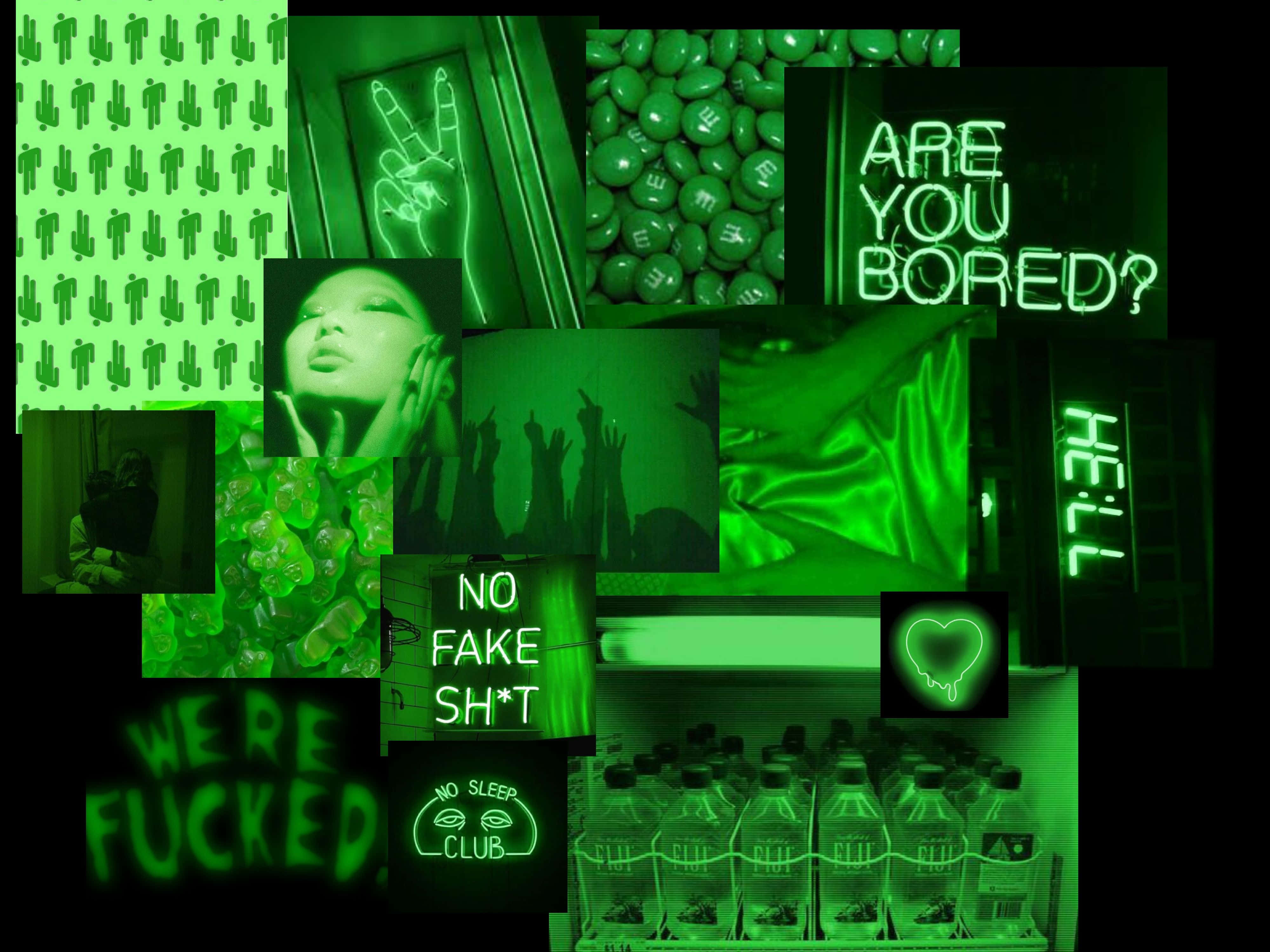 Aesthetic Green 桌布 壁紙 — 一張螢光綠色拼貼畫，包含文字短語、女性面孔、手、糖果和瓶子，在單色光芒下。
