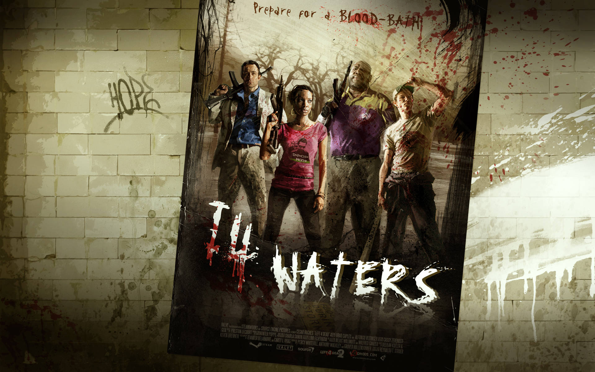 電玩遊戲 桌布 壁紙 — 一張血跡斑斑的電影海報《T4 Waters》，上面有四名武裝倖存者被釘在骯髒的磚牆上，牆上有塗鴉和滴落的油漆。