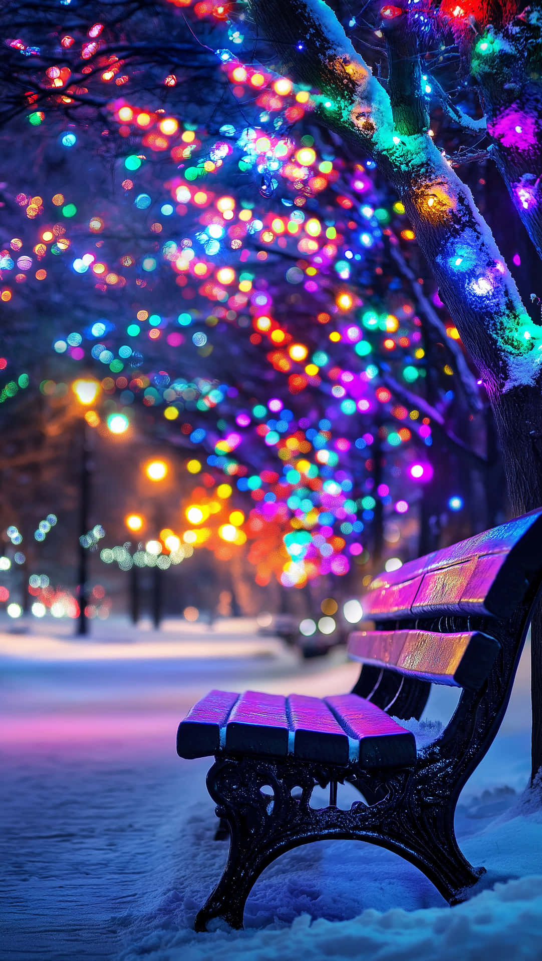 Christmas Wallpapers 壁紙 — 一張被雪覆蓋的公園長椅，在懸掛於冬季樹木間的彩色散景燈光下閃耀。