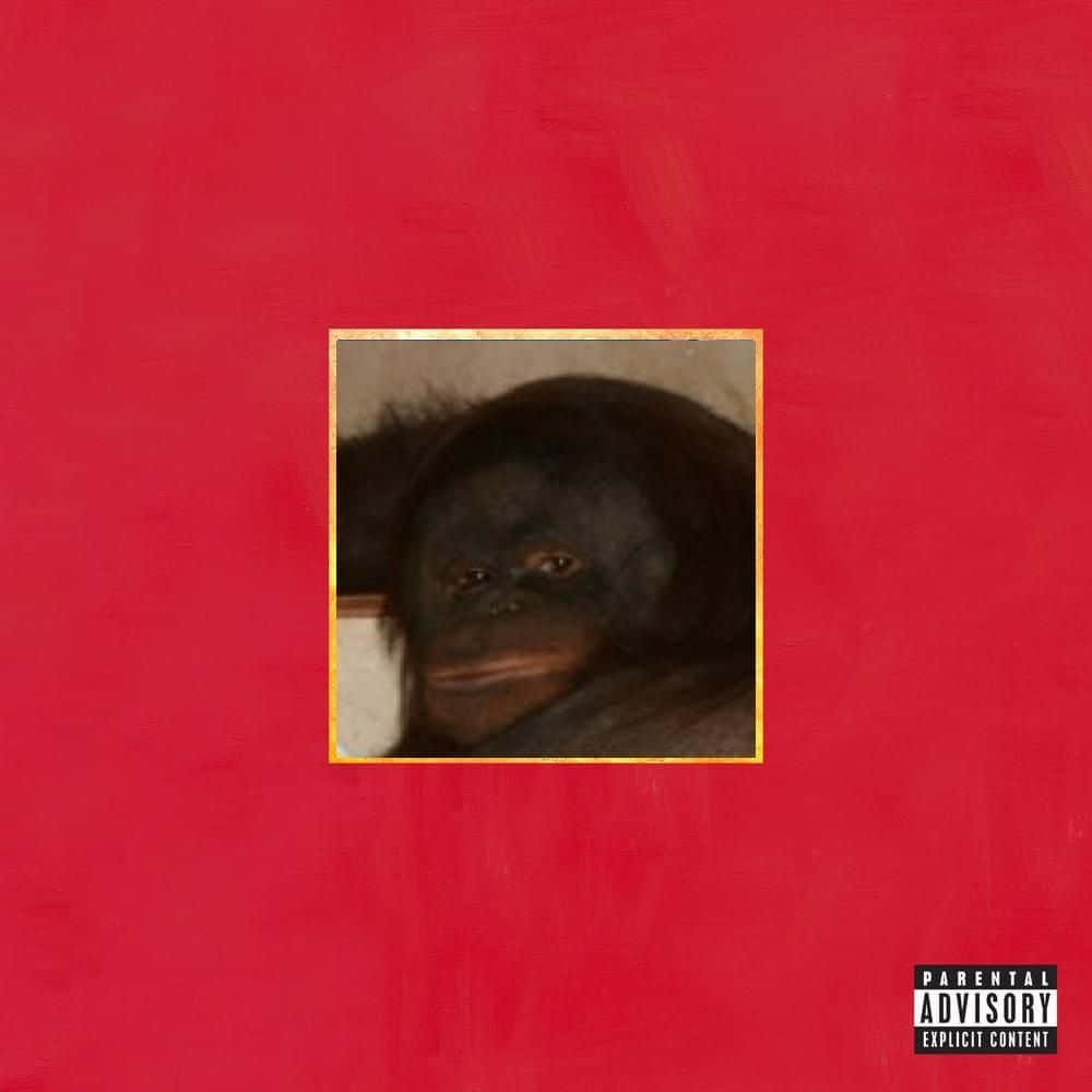 kanye west android 桌布 壁紙 — 一張裝裱好的照片，展示了一隻深色毛髮、充滿好奇眼神的嬰兒猩猩，背景是鮮明的紅色紋理。