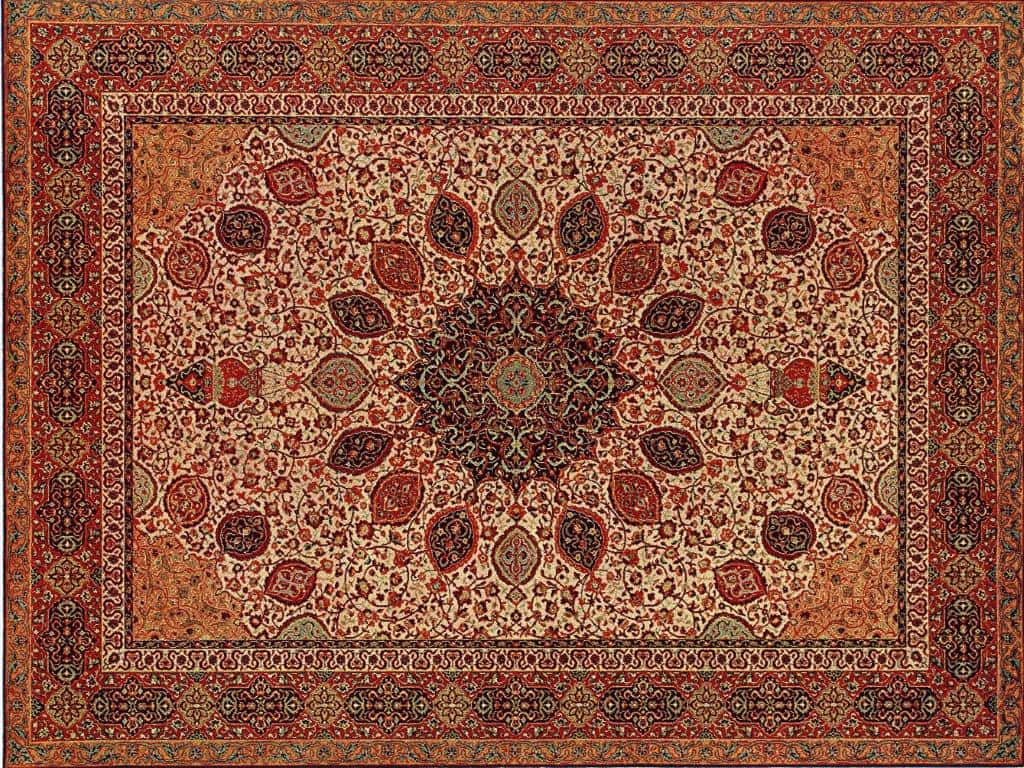 Carpet 桌布 壁紙 — 一張裝飾性的波斯地毯，中央有獎章圖案，並以深紅色和奶油色呈現複雜的花卉圖案。