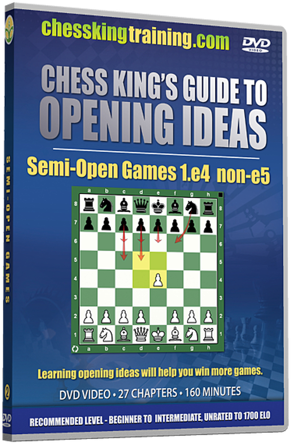西洋棋 桌布 壁紙 — 一張西洋棋訓練指南的DVD封面，特色是帶有突出顯示的棋步和粗體文字的棋盤，背景為藍色漸變。