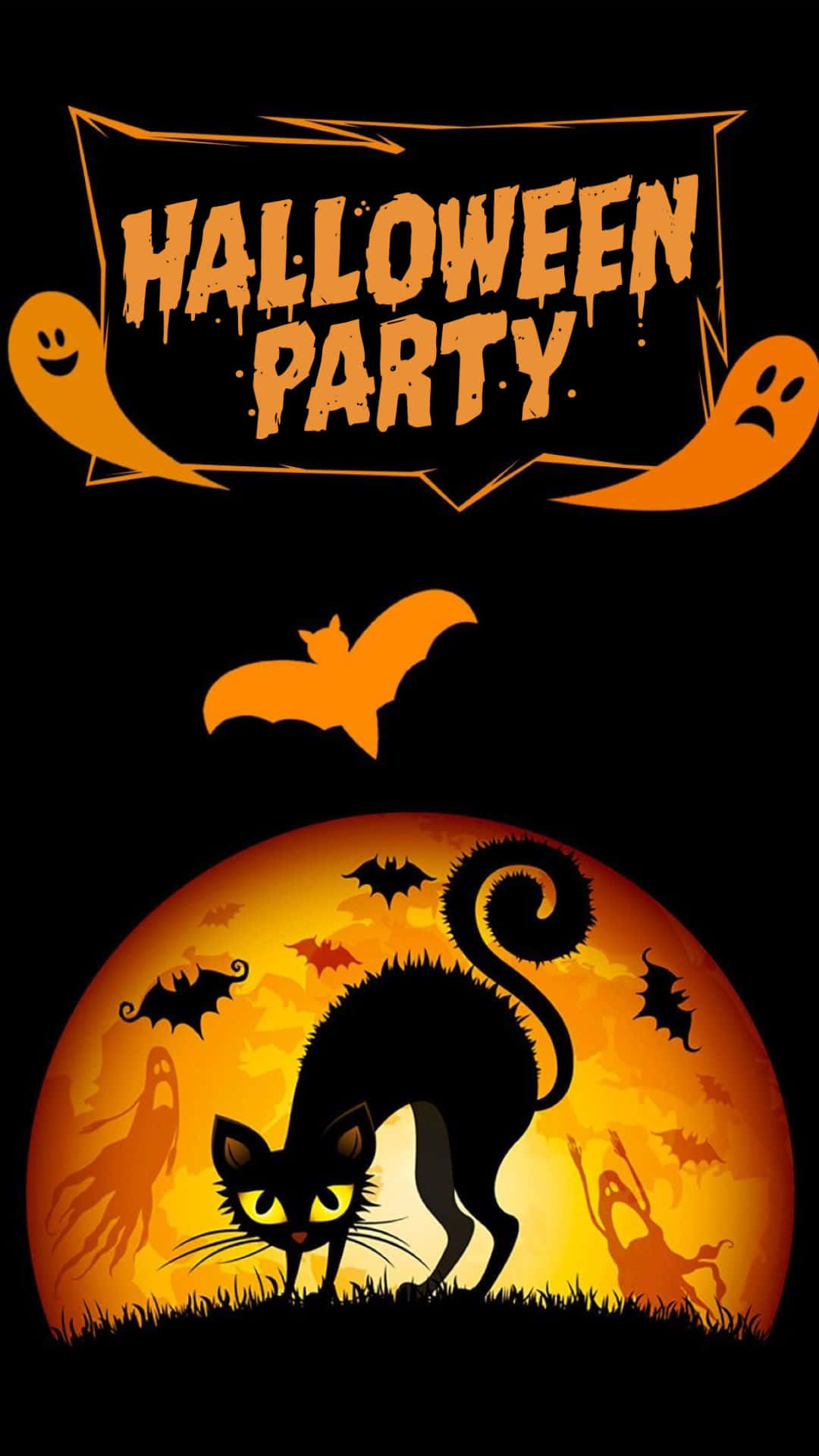 Halloween Party 桌布 壁紙 — 一張詭異的萬聖節派對海報，以橙色月亮為背景，黑貓剪影，蝙蝠和鬼魂。